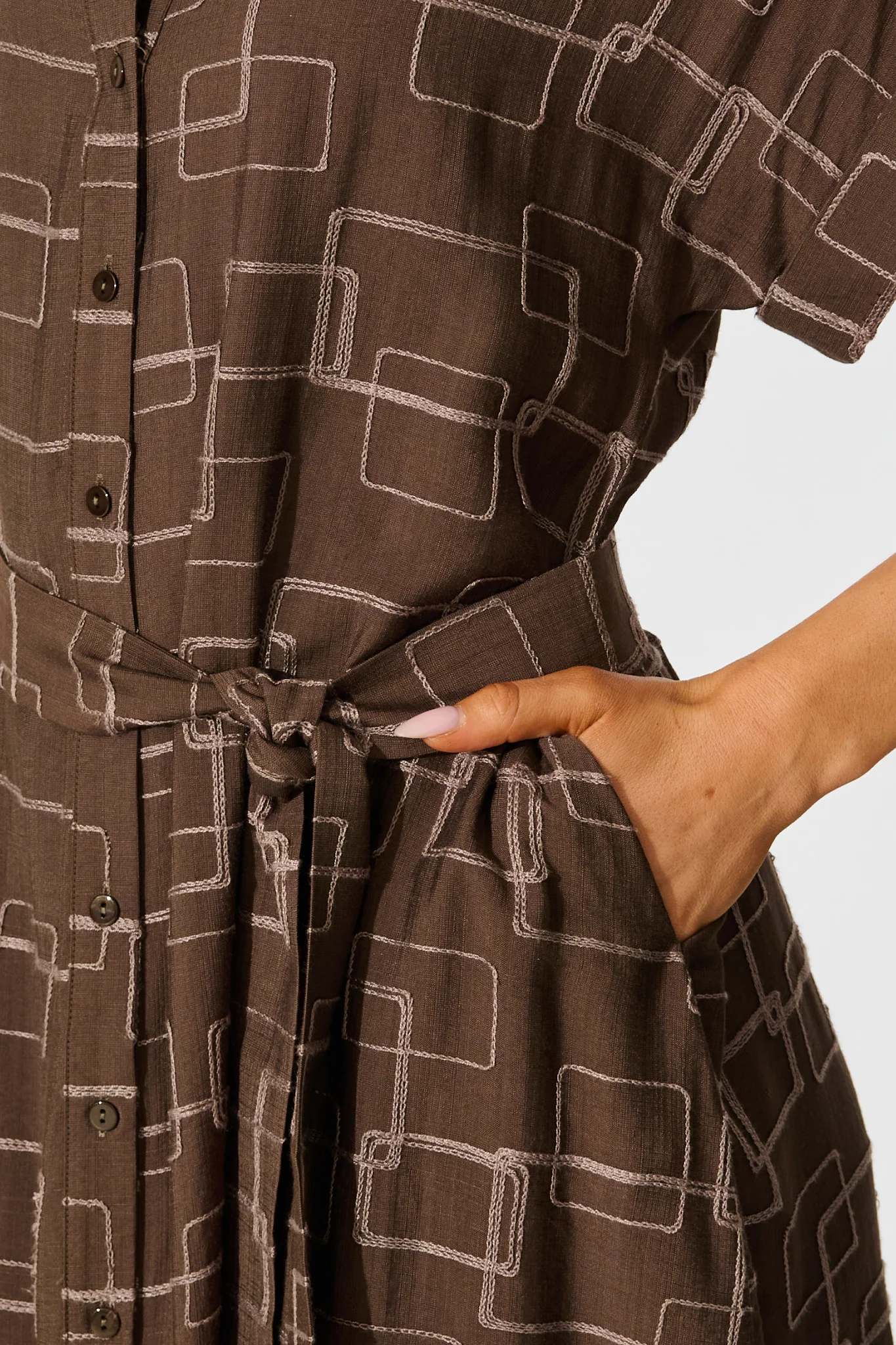 Hartlee Midi Shirt Dress in Brown Embroidery Linen Blend - Image 5