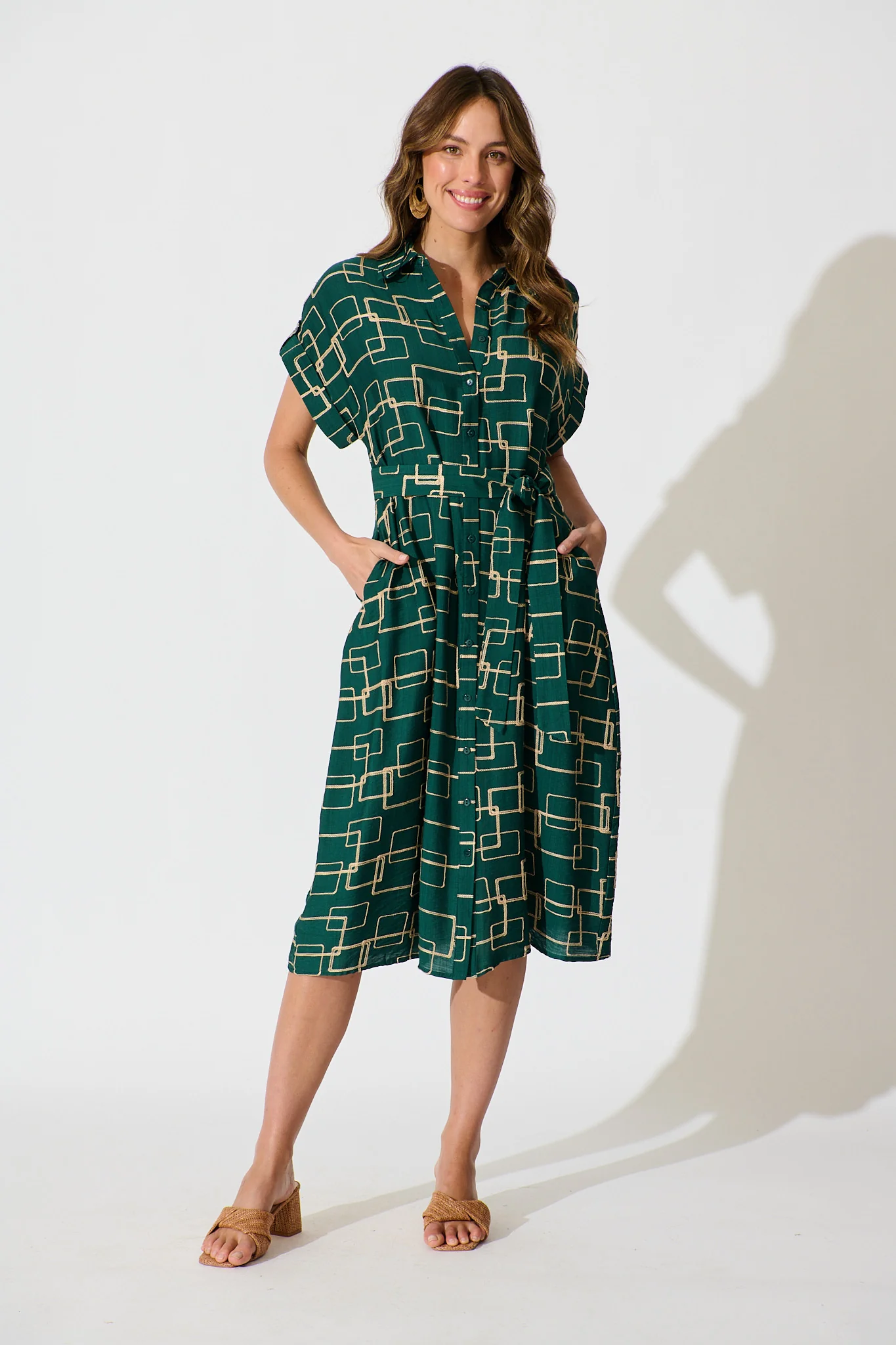 Hartlee Midi Shirt Dress in Emerald Embroidery Linen Blend