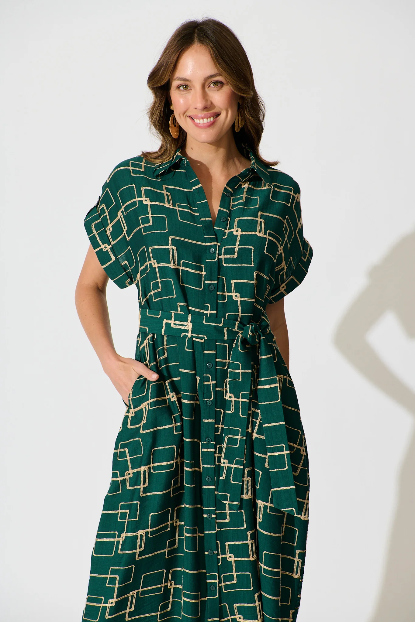 Hartlee Midi Shirt Dress in Emerald Embroidery Linen Blend - Image 2