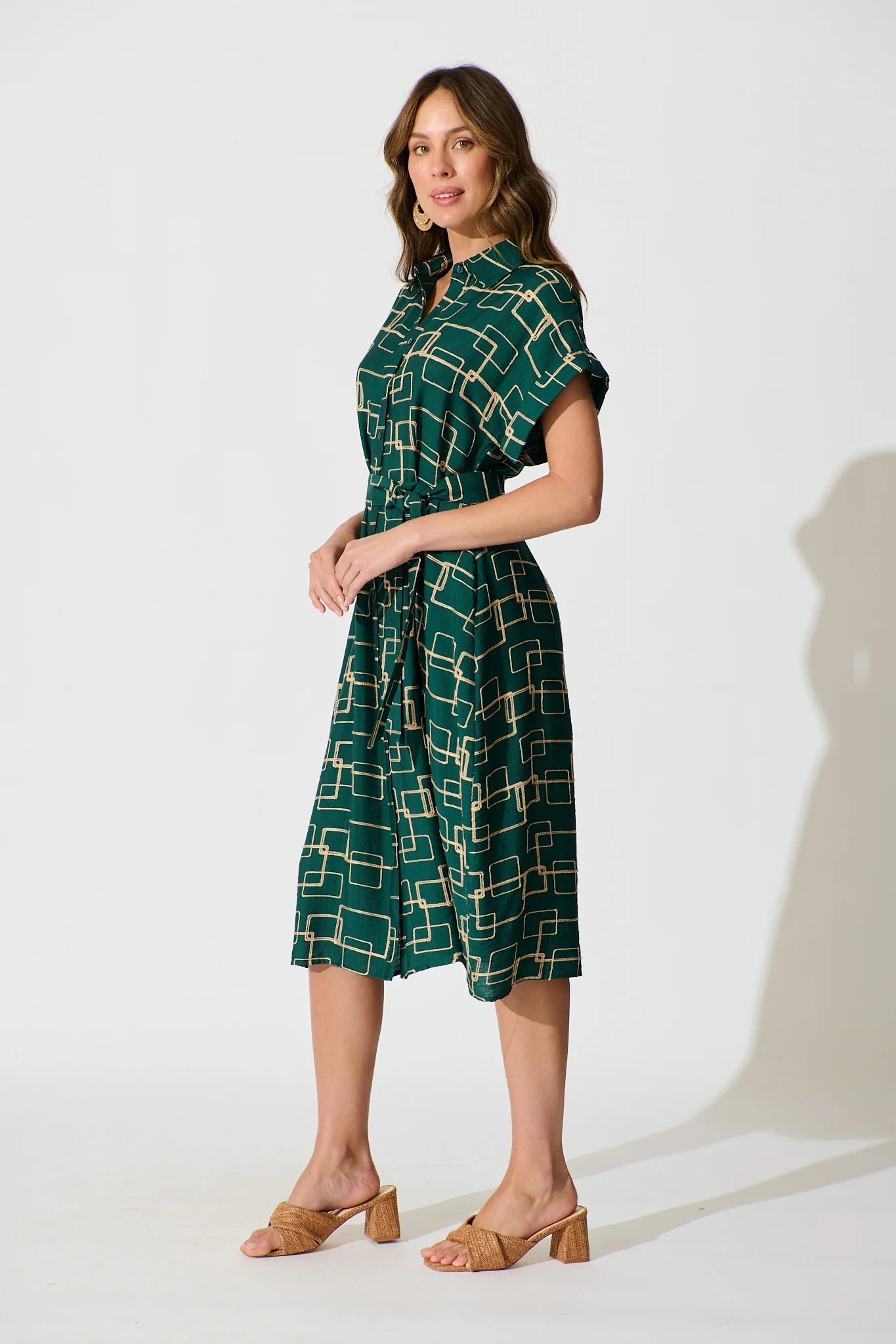Hartlee Midi Shirt Dress in Emerald Embroidery Linen Blend - Image 3