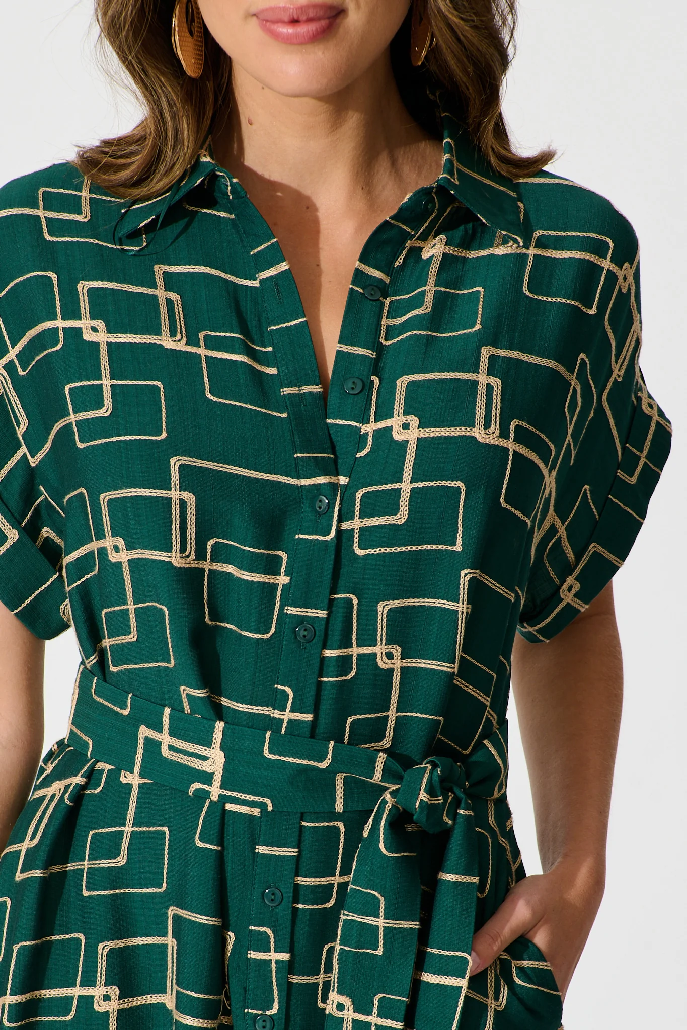 Hartlee Midi Shirt Dress in Emerald Embroidery Linen Blend - Image 5