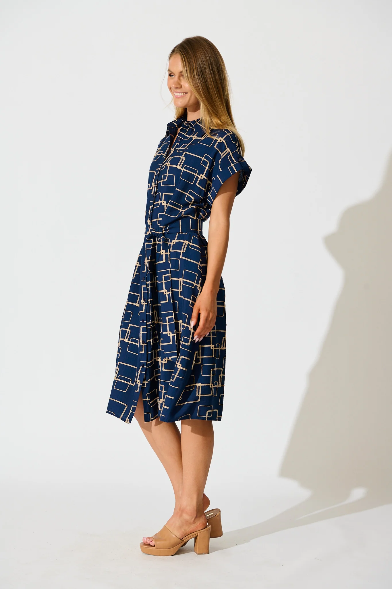 Hartlee Midi Shirt Dress in Navy Embroidery Linen Blend - Image 3