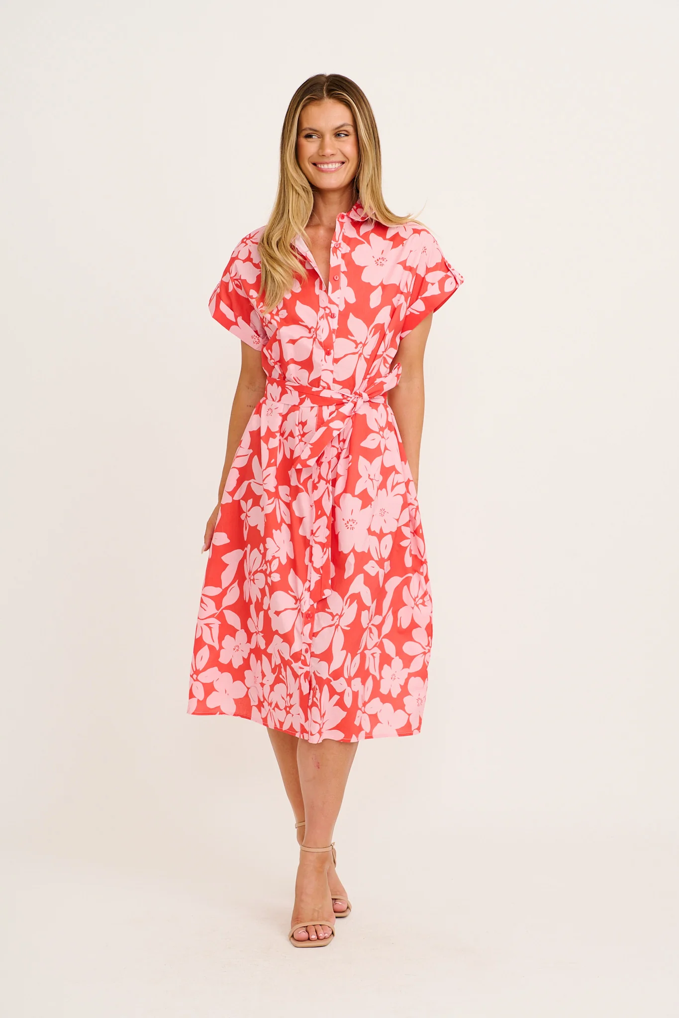Hartlee Midi Shirt Dress in Red with Pink Floral Cotton