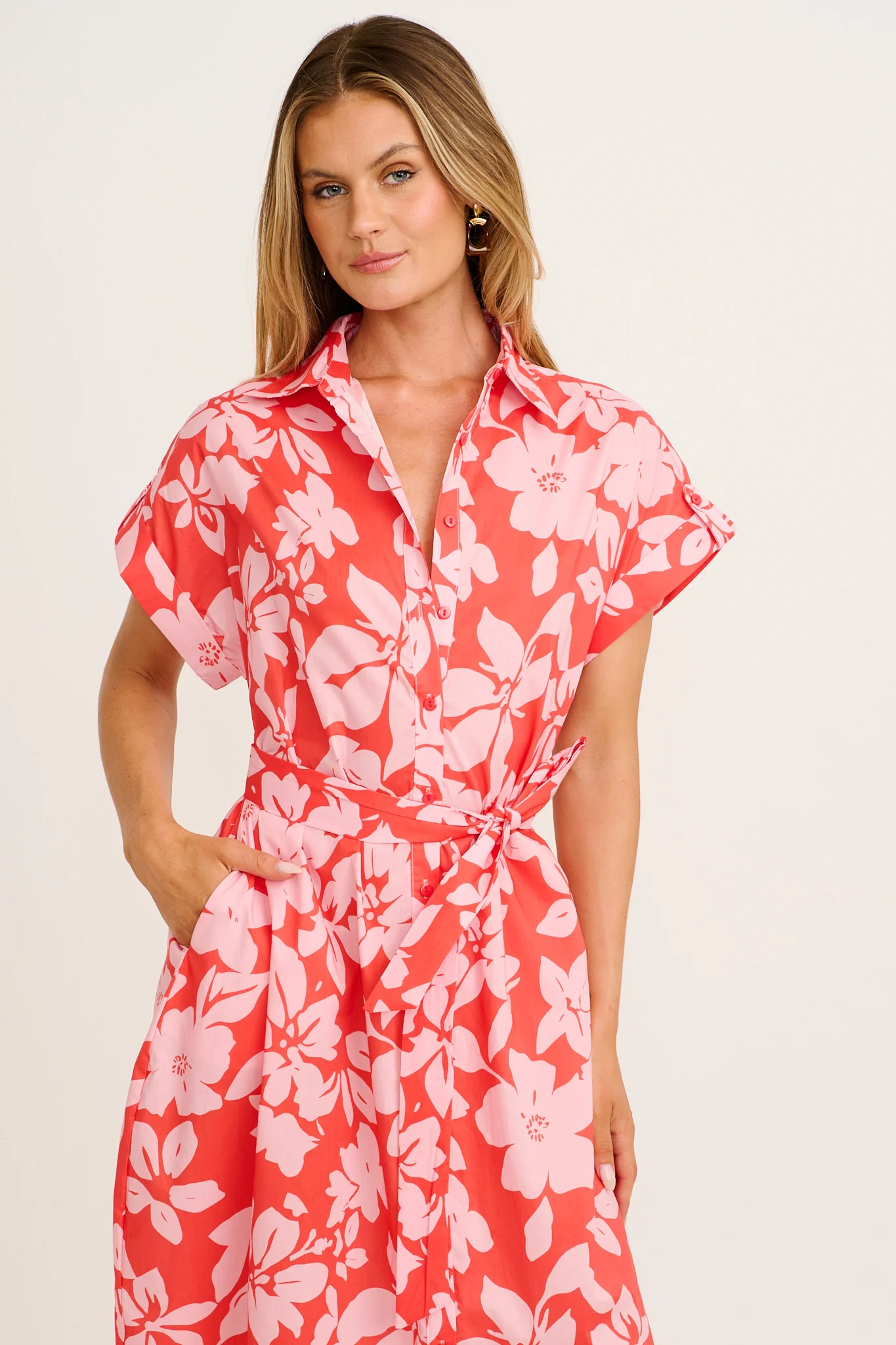 Hartlee Midi Shirt Dress in Red with Pink Floral Cotton - Image 2