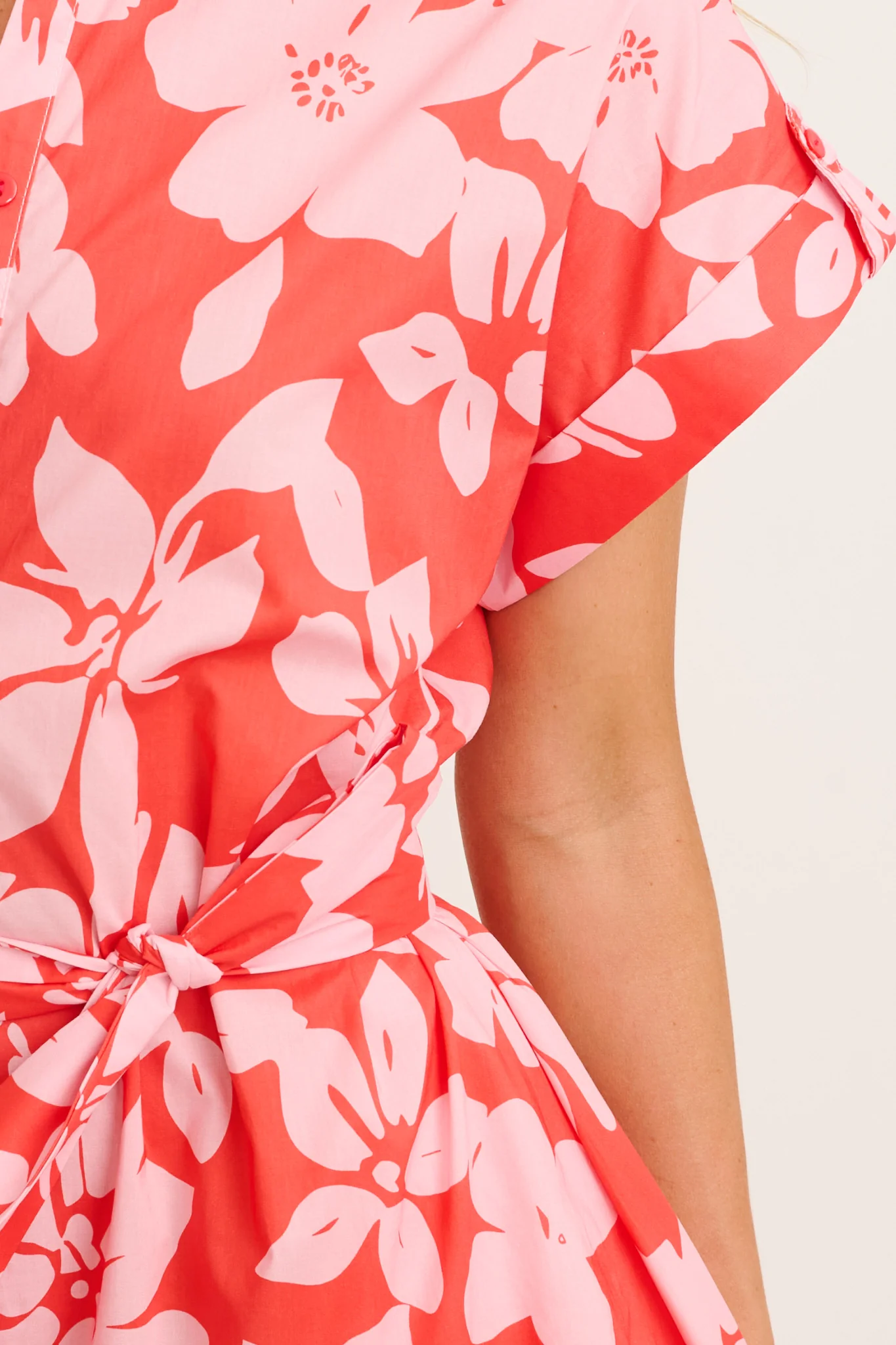 Hartlee Midi Shirt Dress in Red with Pink Floral Cotton - Image 5