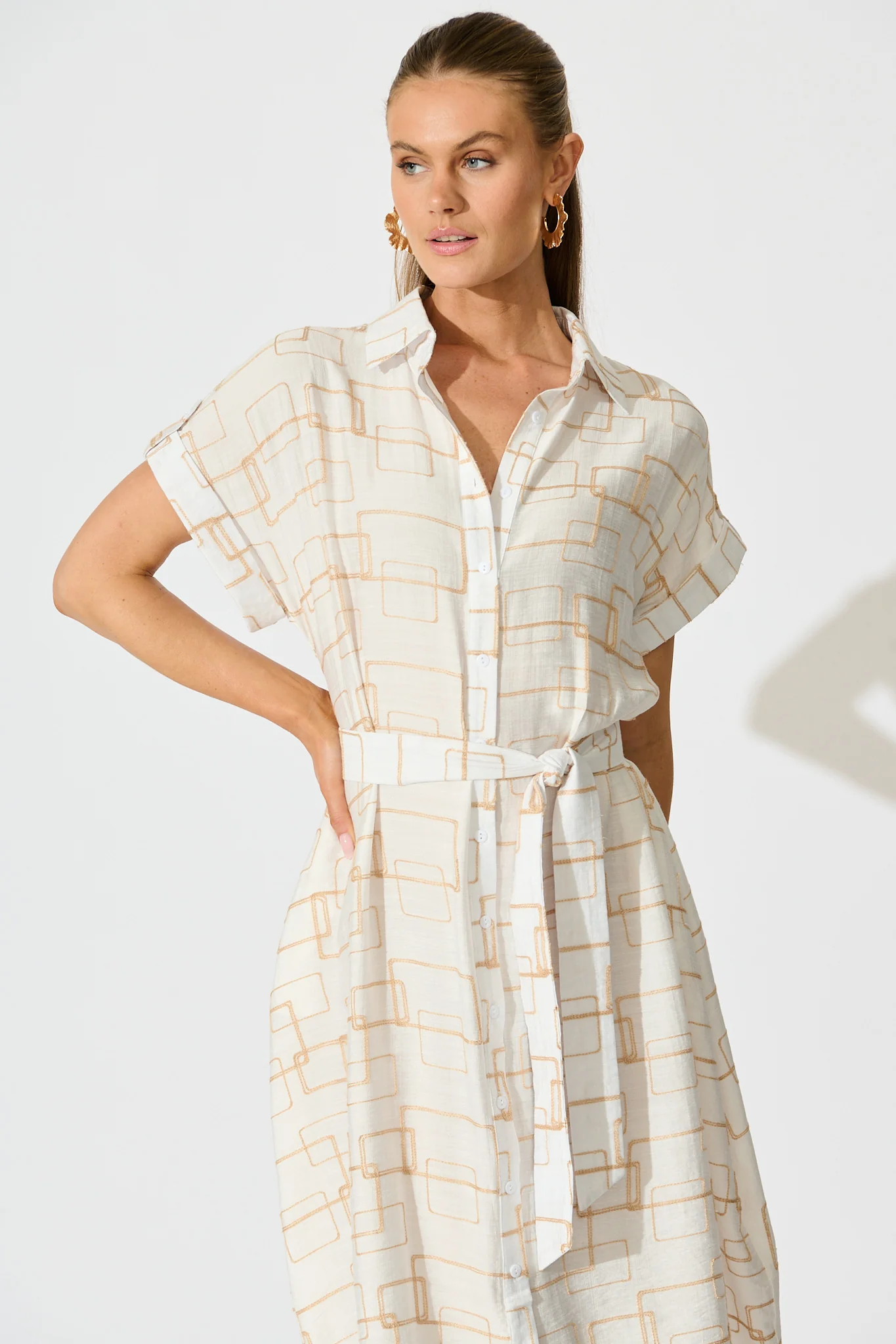 Hartlee Midi Shirt Dress in White Embroidery Linen Blend - Image 2