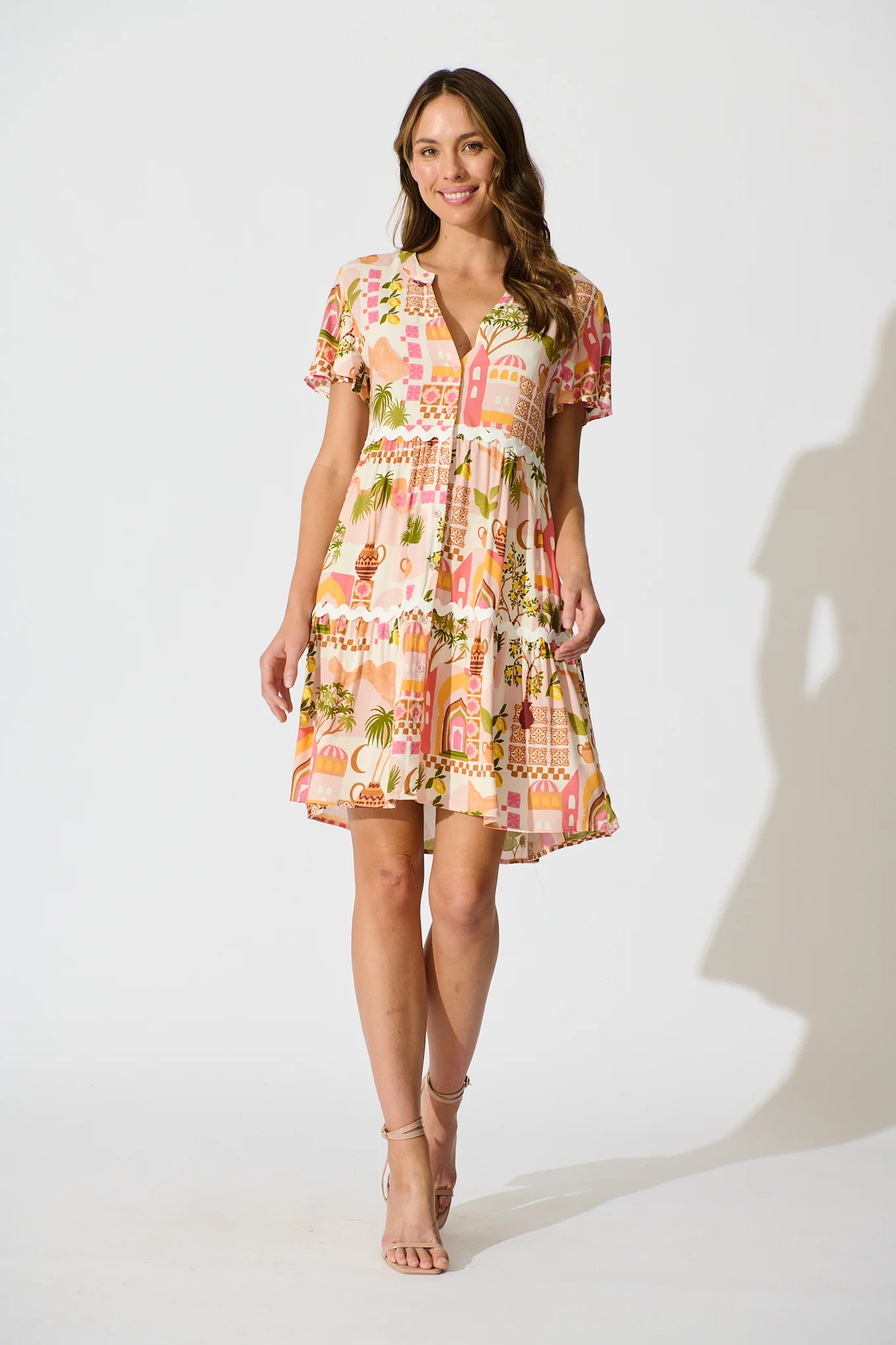Hayati Smock Dress in Multi Beige Print With Ric Rac Trim