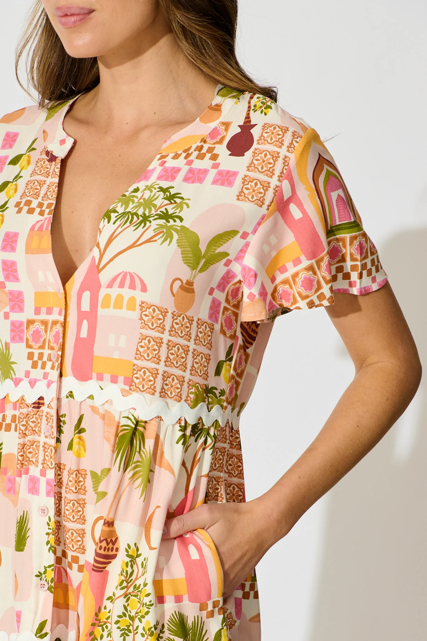 Hayati Smock Dress in Multi Beige Print With Ric Rac Trim - Image 5