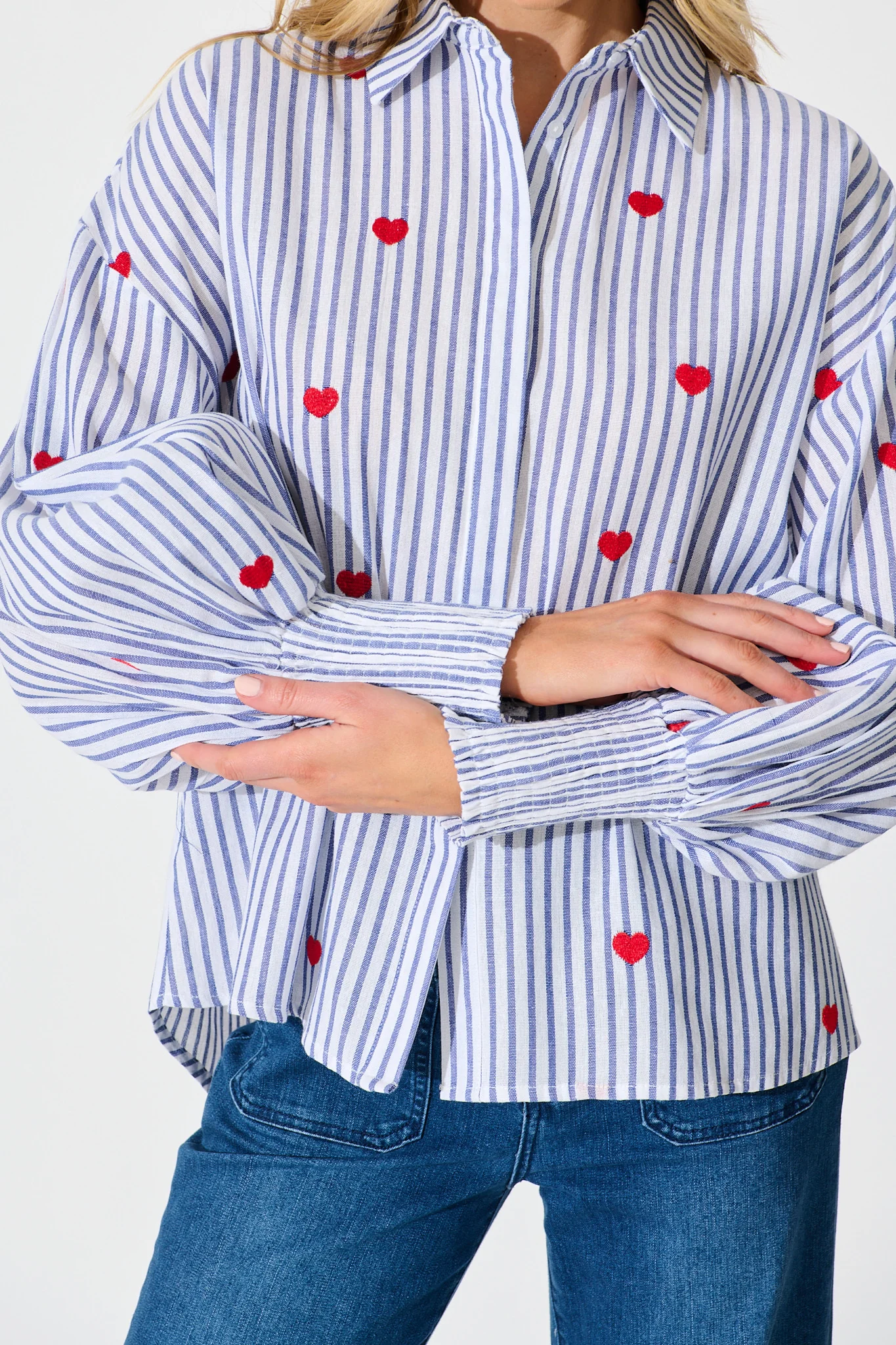 Hearts Desire Shirt in Blue Stripe and Heart Embroidered - Image 5