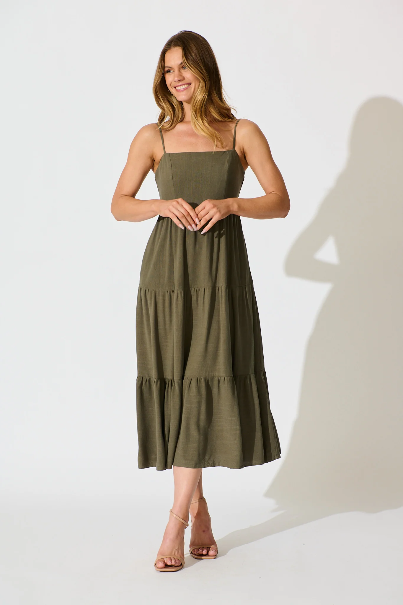 Heavenly Midi Sundress In Khaki Linen Blend