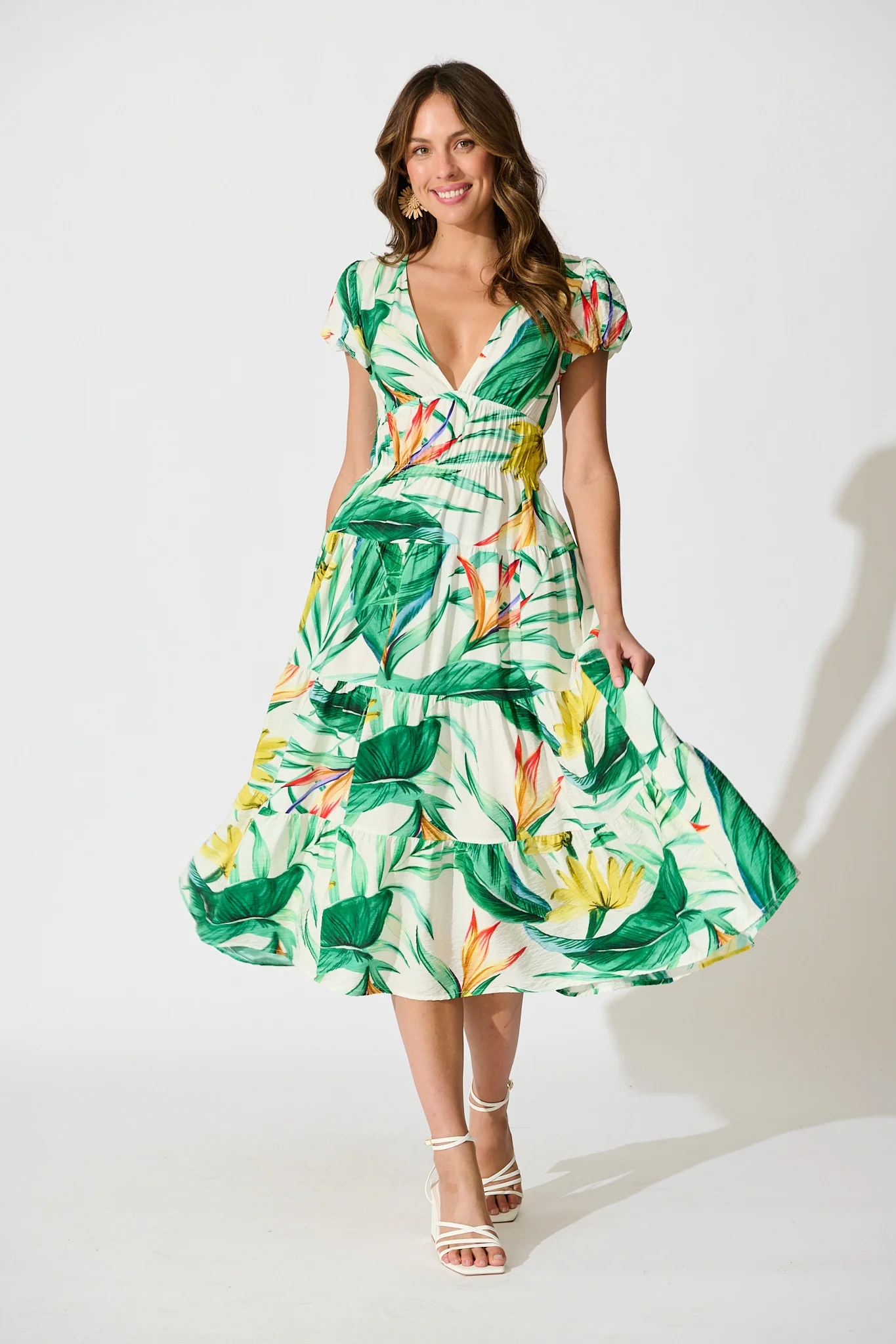 Helia Midi Dress In Green Tropical Print Cotton