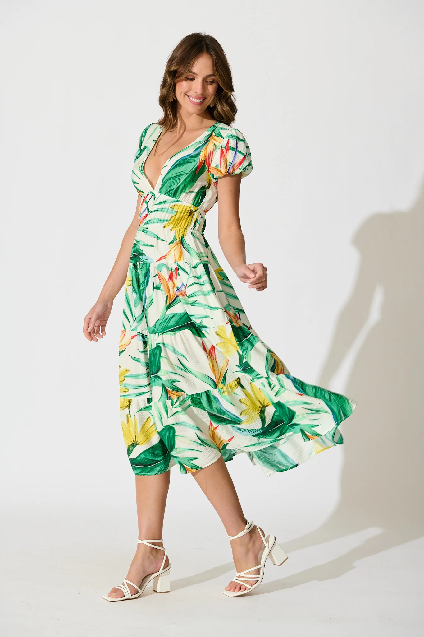 Helia Midi Dress In Green Tropical Print Cotton - Image 3