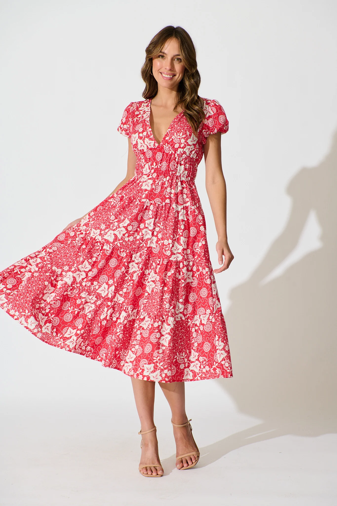 Helia Midi Dress in Red with White Floral Cotton