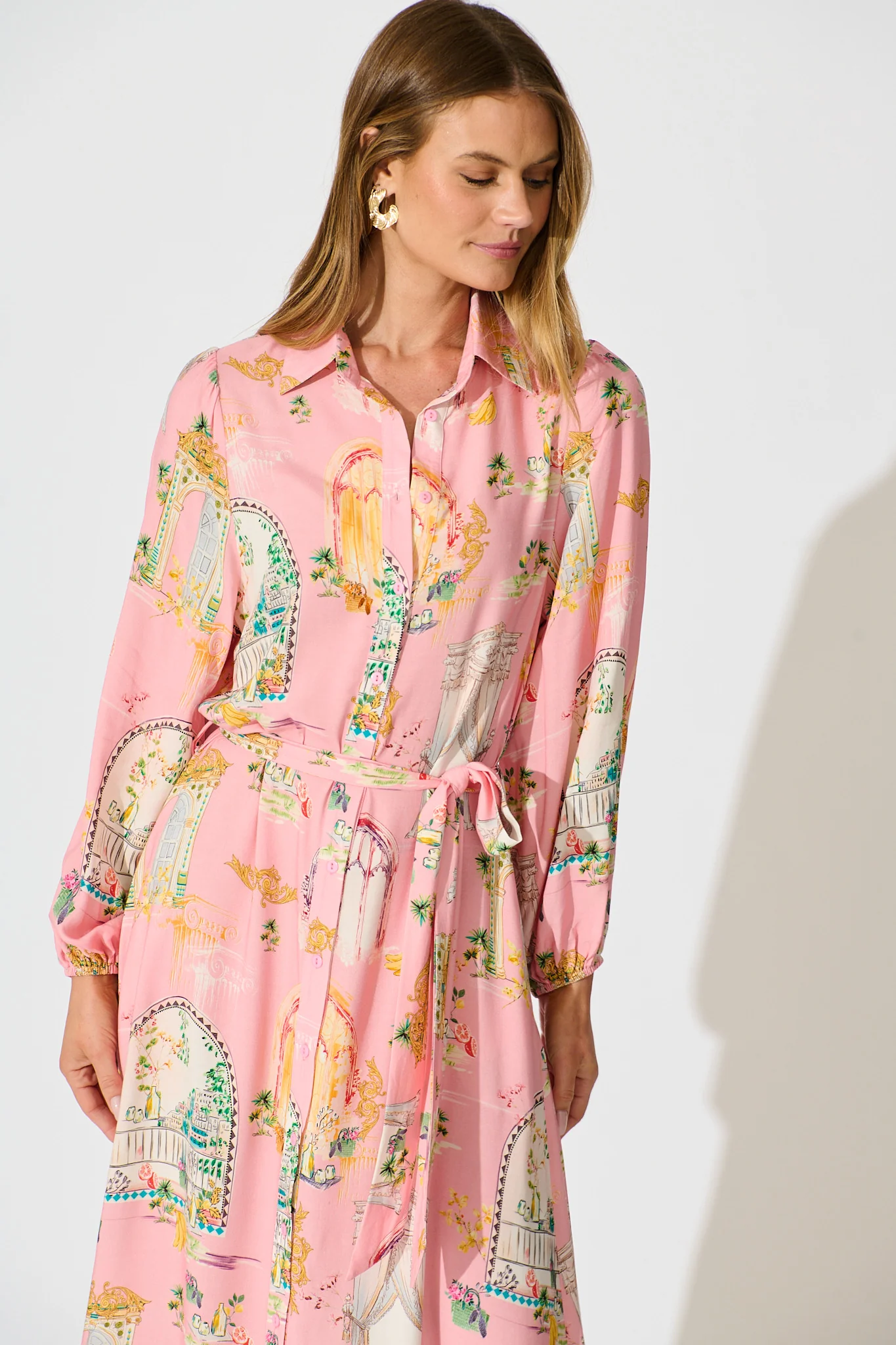 Henley Midi Shirt Dress in Pink Multi Print - Image 2
