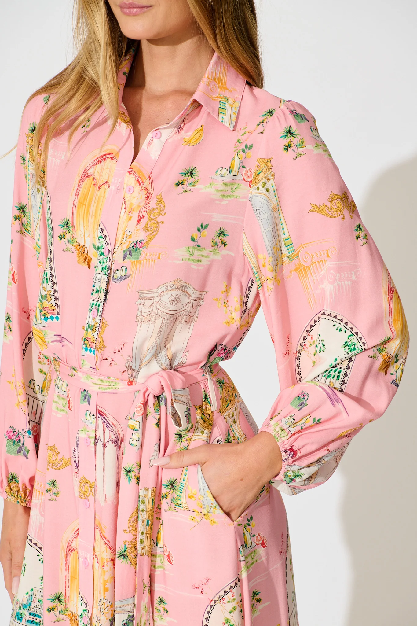 Henley Midi Shirt Dress in Pink Multi Print - Image 5