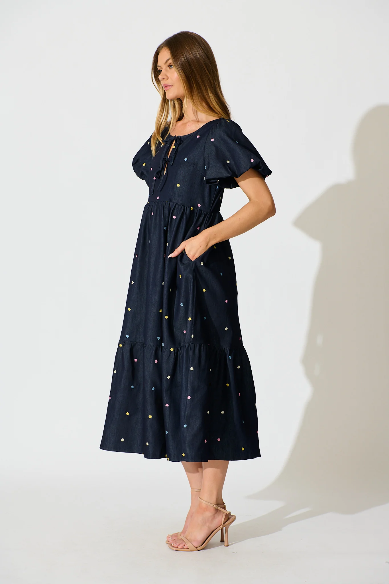 Hettie Tie Front Midi Dress in Dark Navy Multi Floral Embroidery Cotton Blend - Image 3