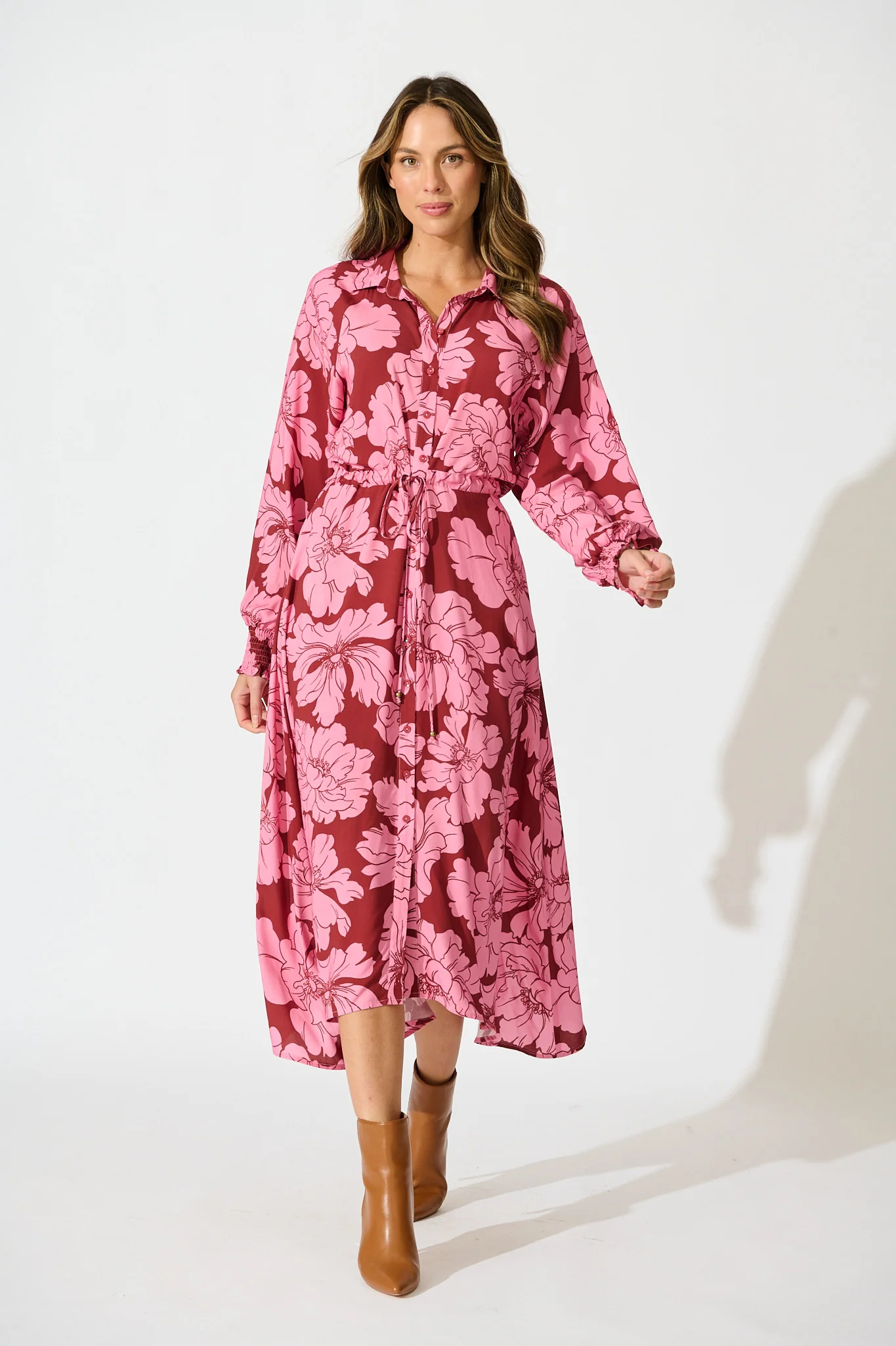 High Tea Midi Shirt Dress in Wine with Pink Floral - Image 2