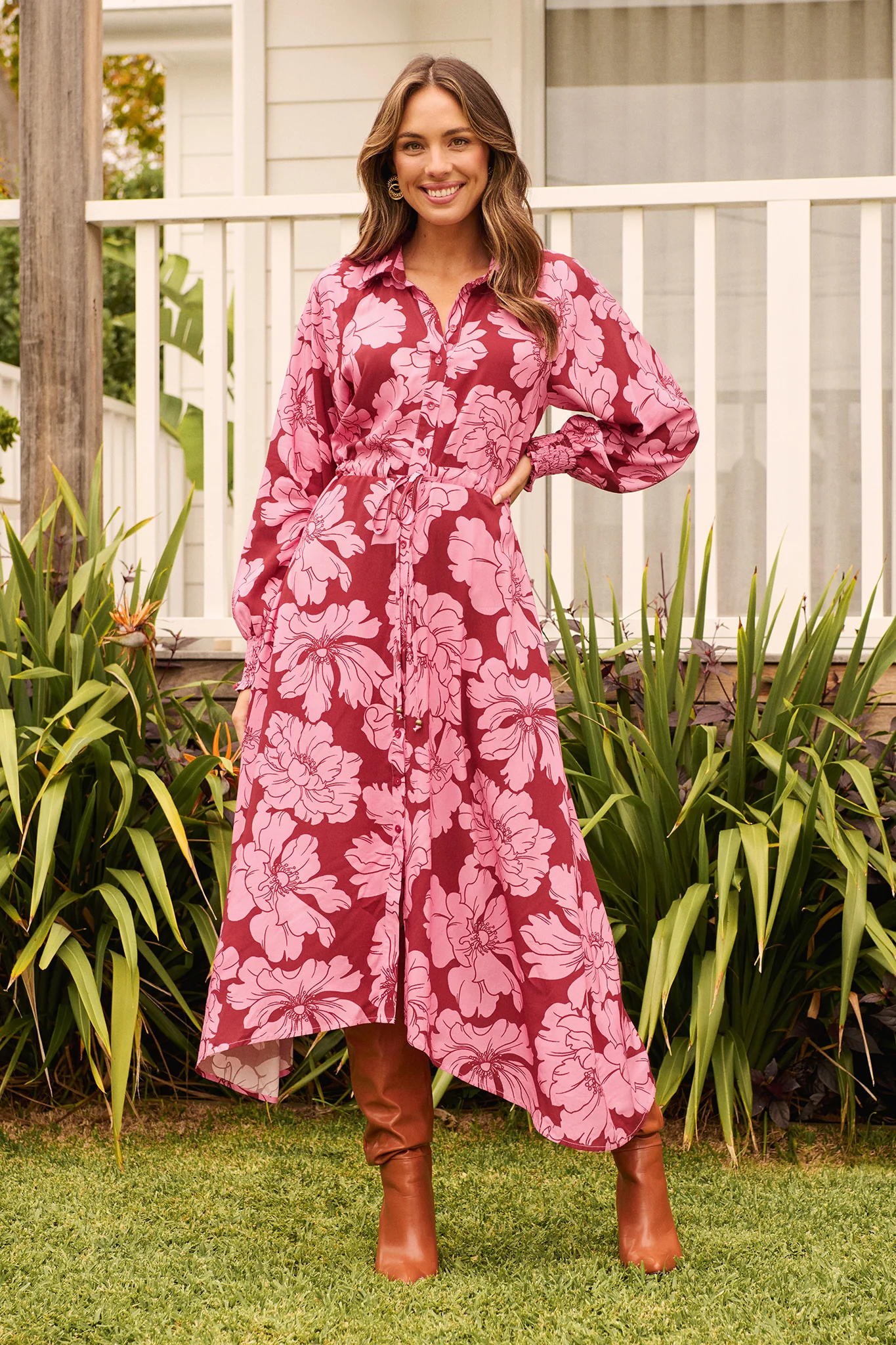 High Tea Midi Shirt Dress in Wine with Pink Floral - Image 4
