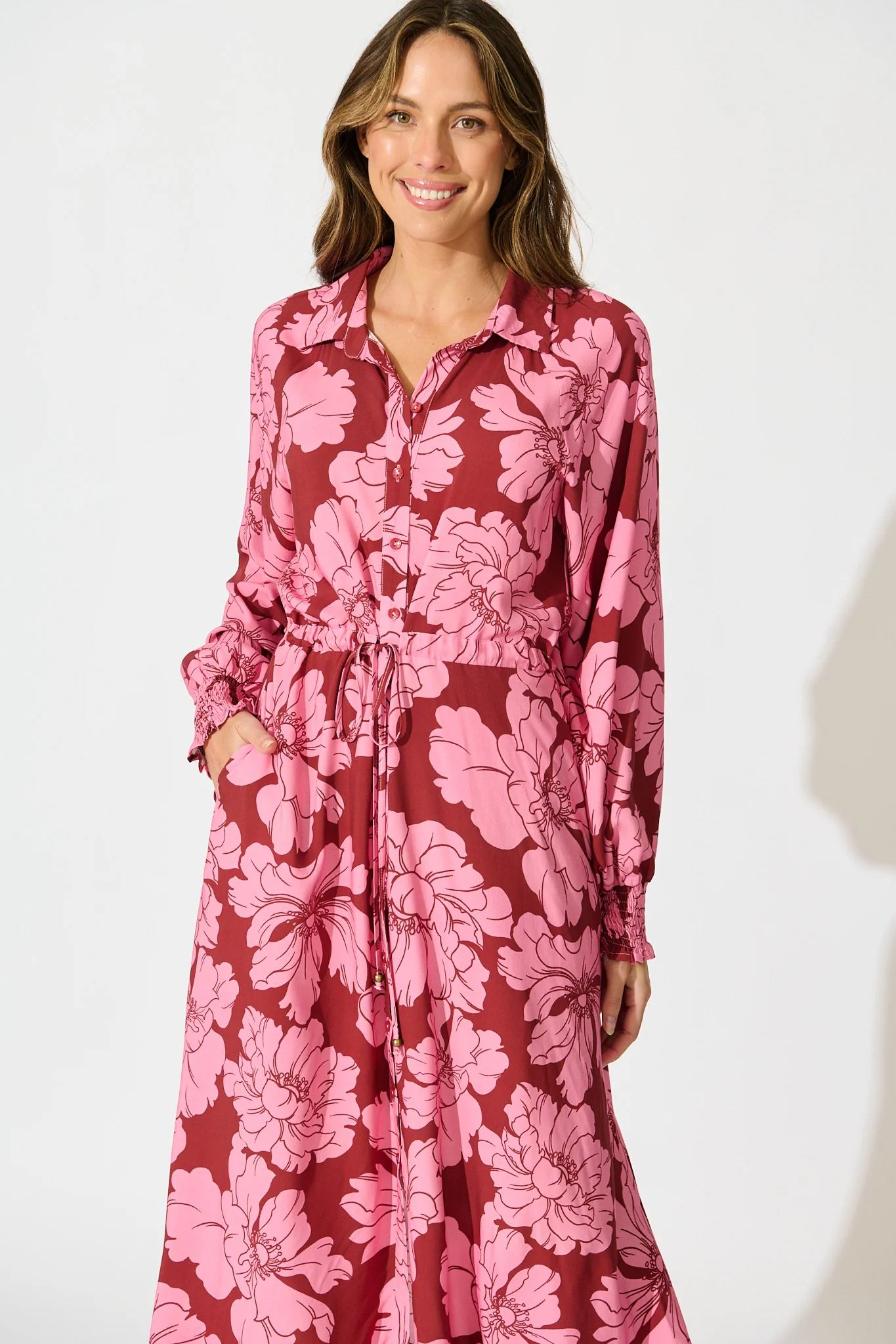 High Tea Midi Shirt Dress in Wine with Pink Floral - Image 5