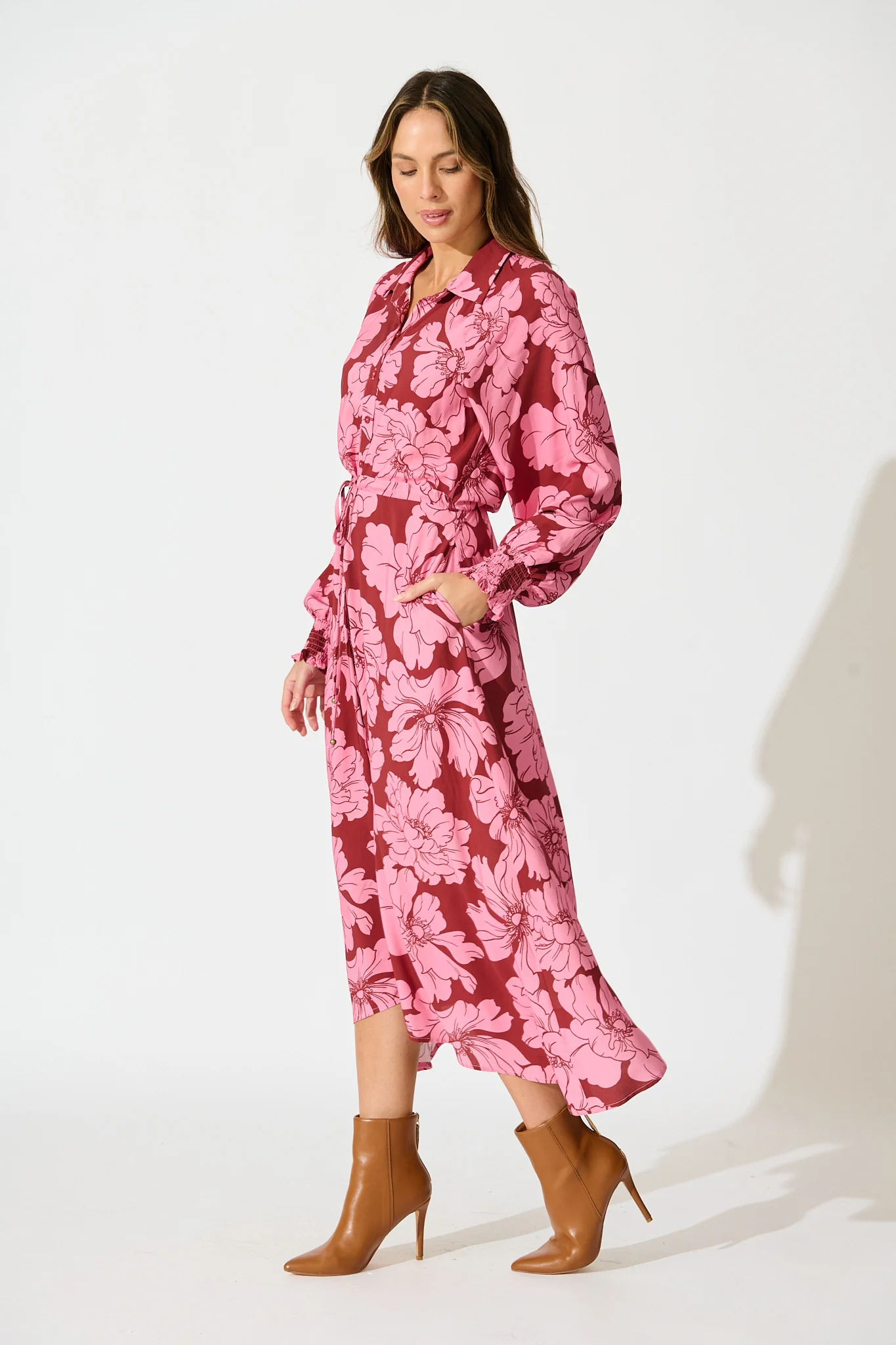 High Tea Midi Shirt Dress in Wine with Pink Floral - Image 6