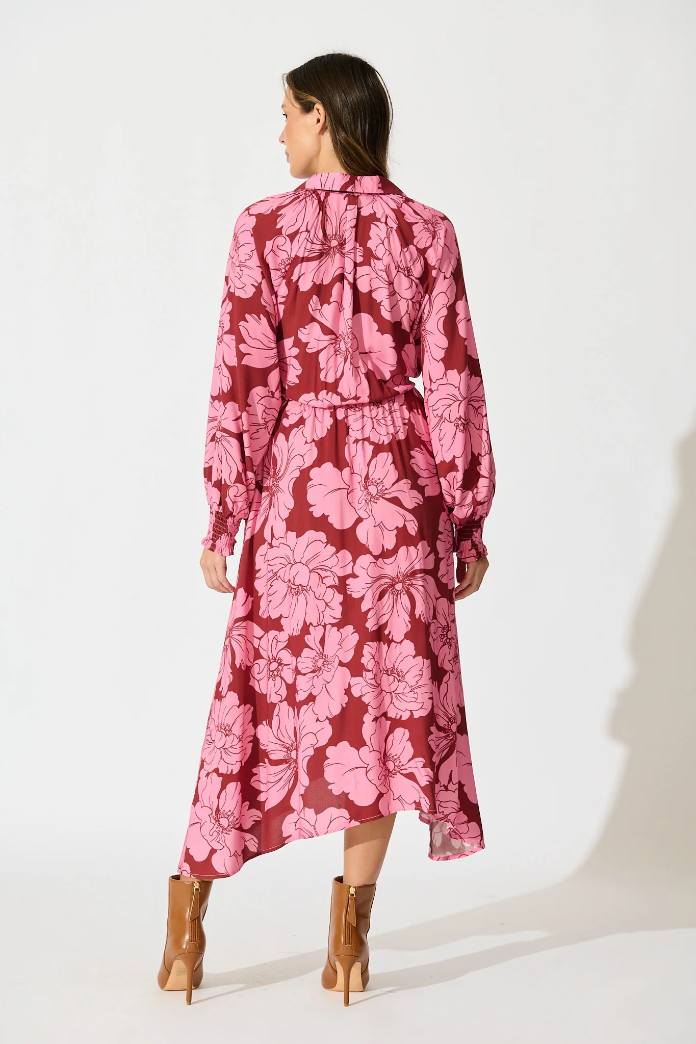 High Tea Midi Shirt Dress in Wine with Pink Floral - Image 7
