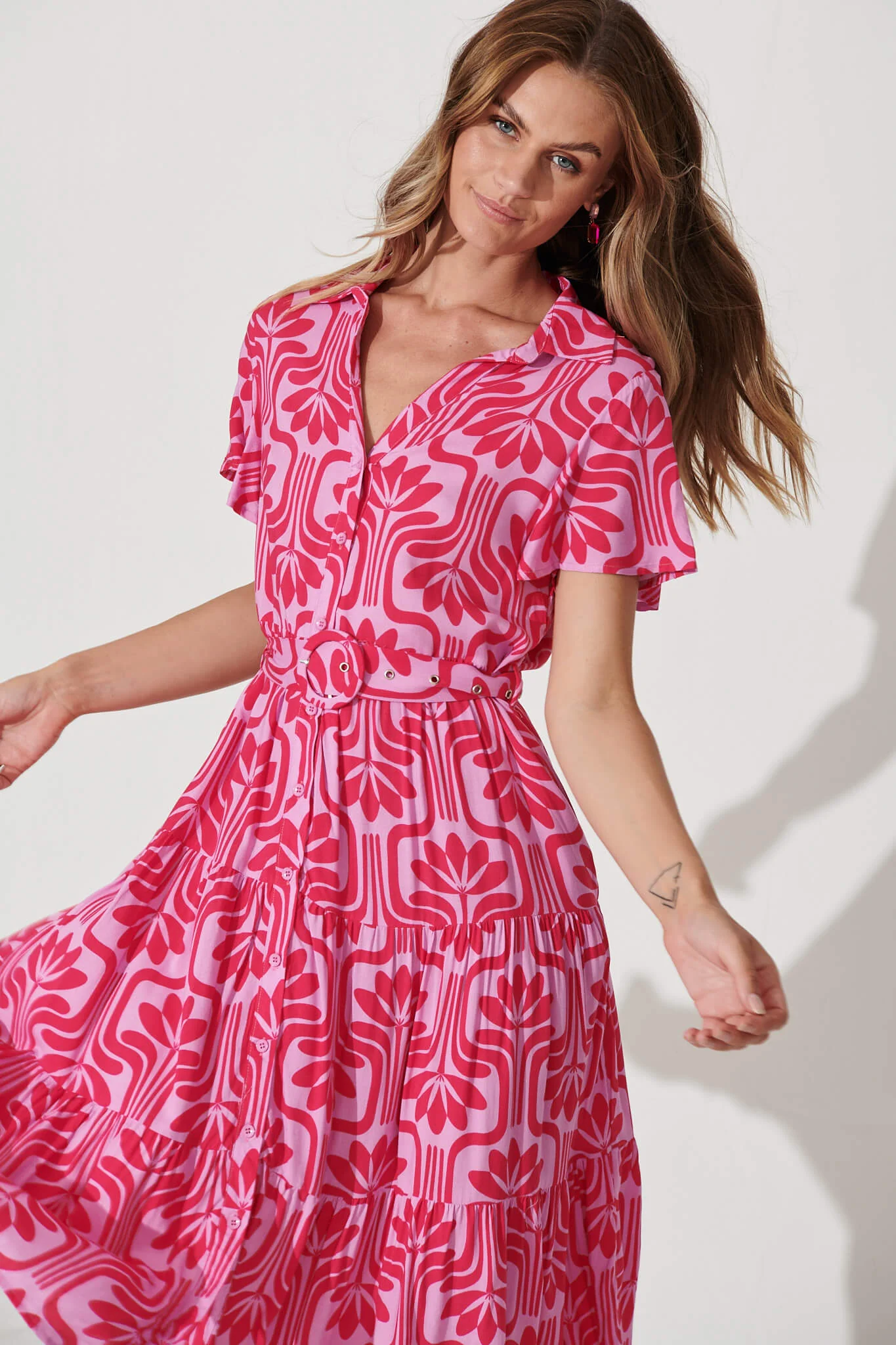 Hill Midi Shirt Dress In Purple With Pink Print - Image 2