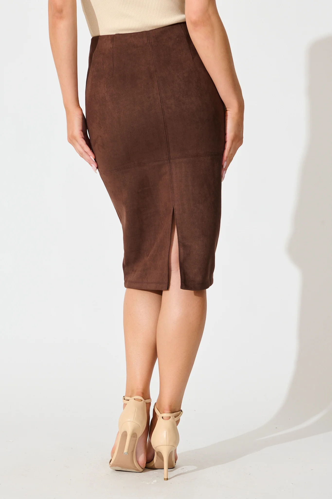 Hold Tight Midi Skirt in Brown Suedette - Image 3