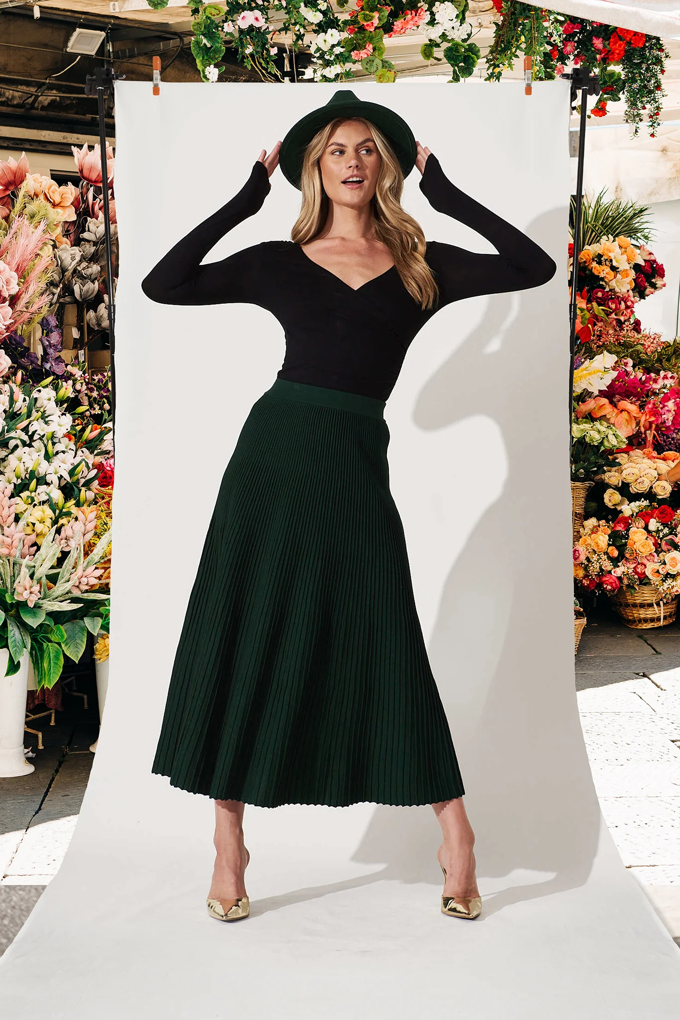 Honeycup Knit Skirt In Emerald Green Cotton Blend