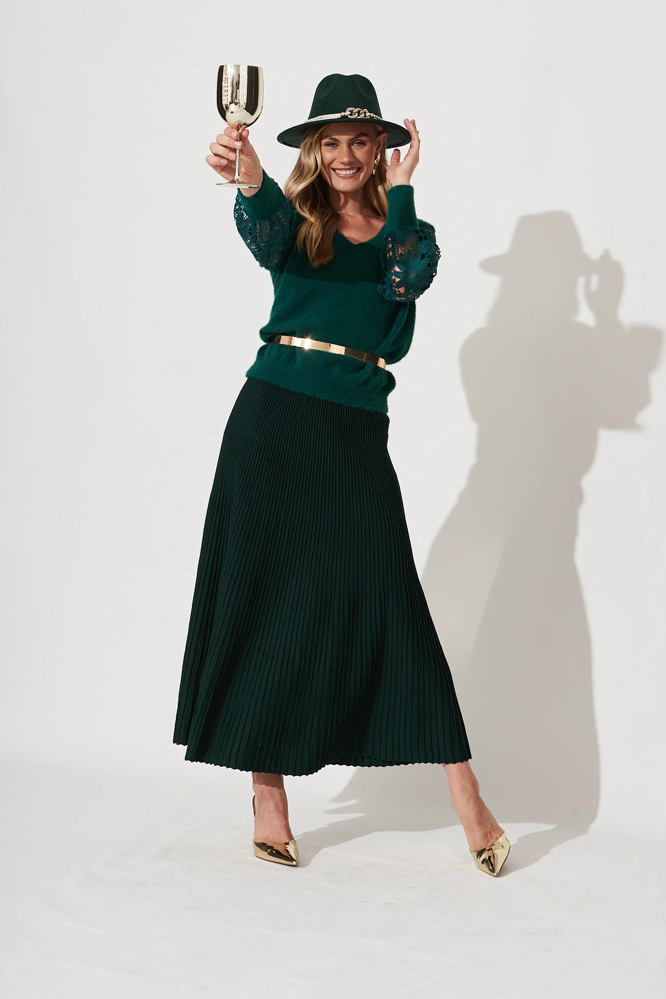 Honeycup Knit Skirt In Emerald Green Cotton Blend - Image 3