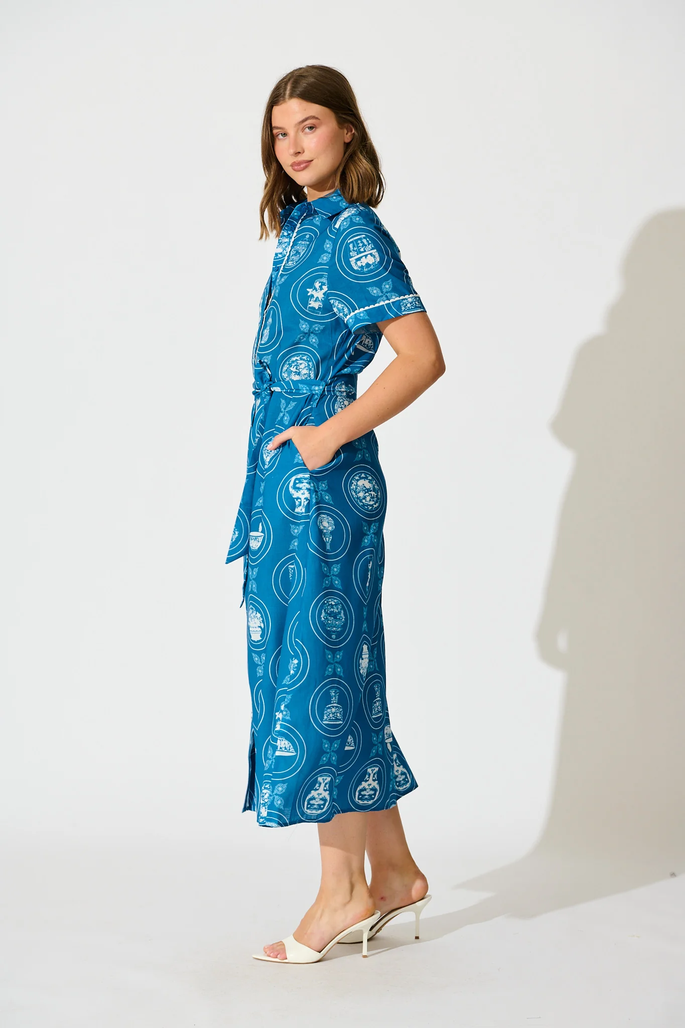 Hope Midi Shirt Dress in Blue Tiles Linen Blend - Image 3