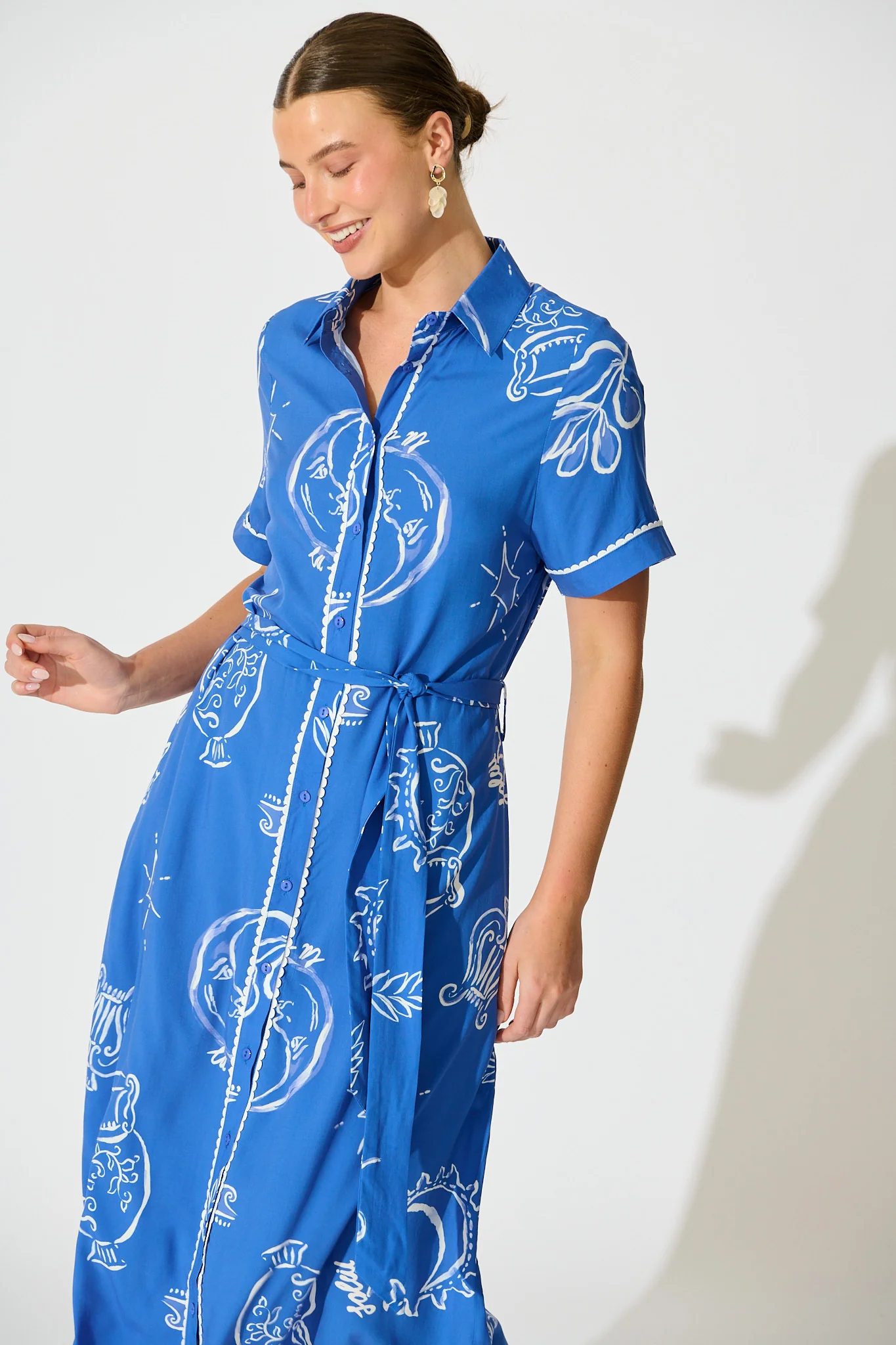Hope Midi Shirt Dress in Blue with White Print - Image 2