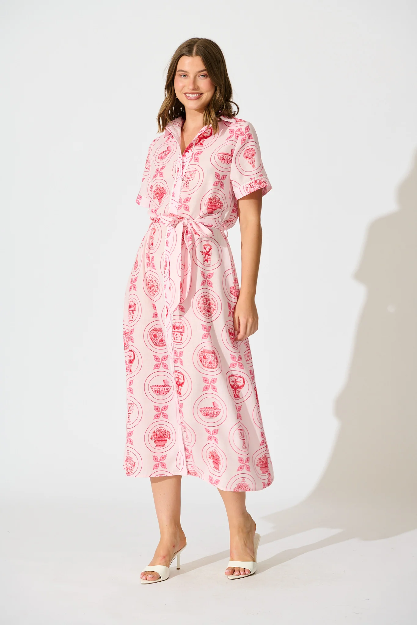 Hope Midi Shirt Dress in Pink Tiles Linen Blend