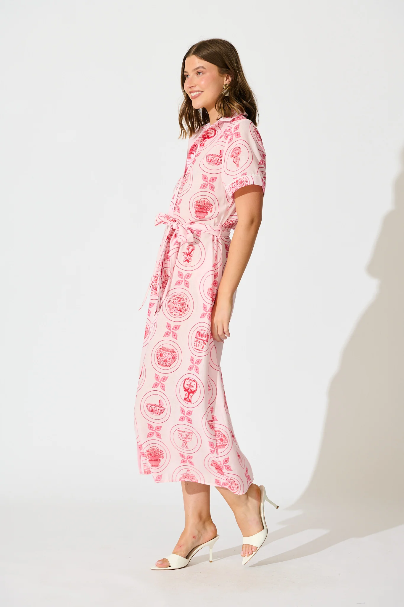 Hope Midi Shirt Dress in Pink Tiles Linen Blend - Image 3