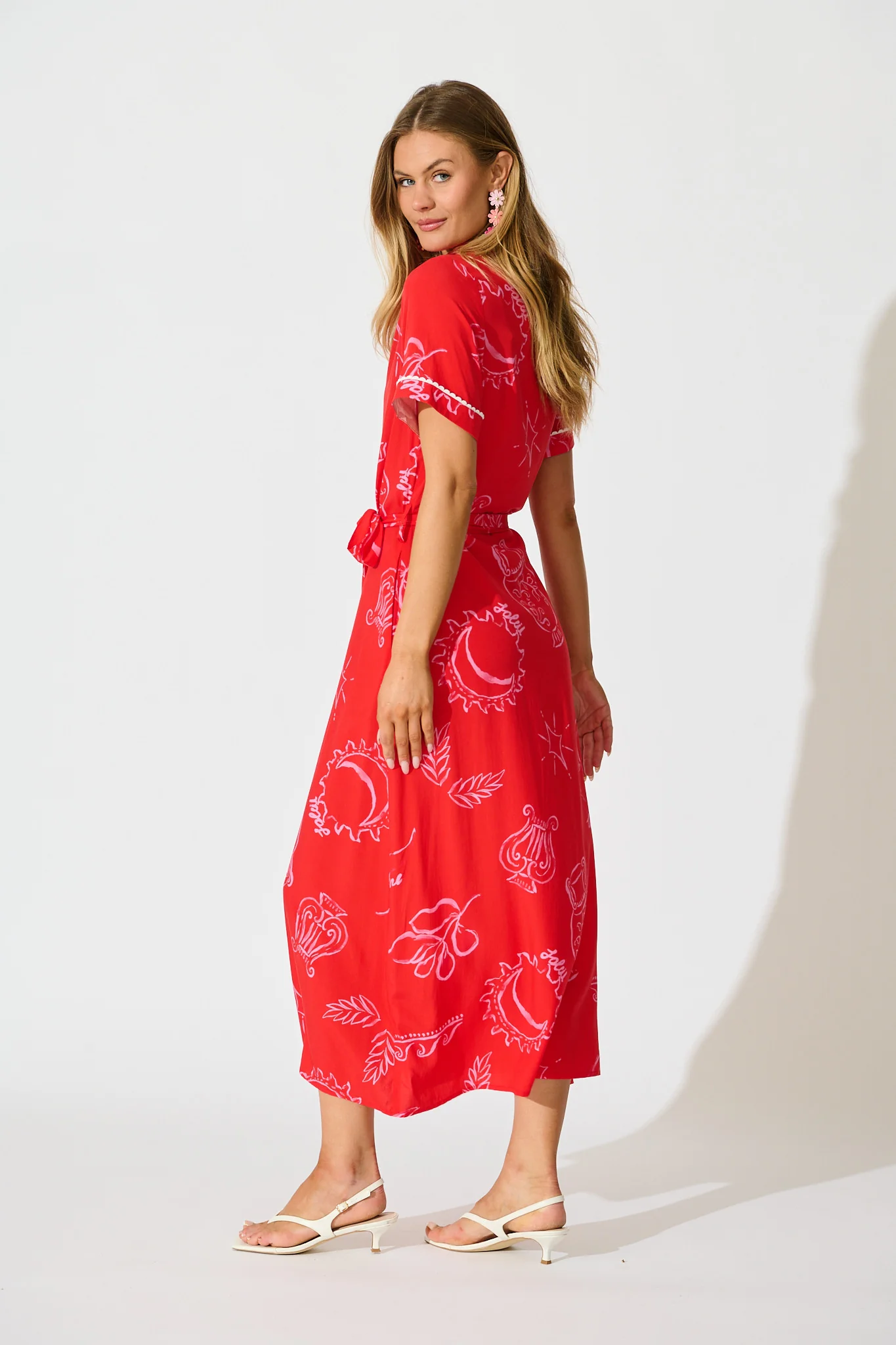 Hope Midi Shirt Dress in Red with Pink Print - Image 3