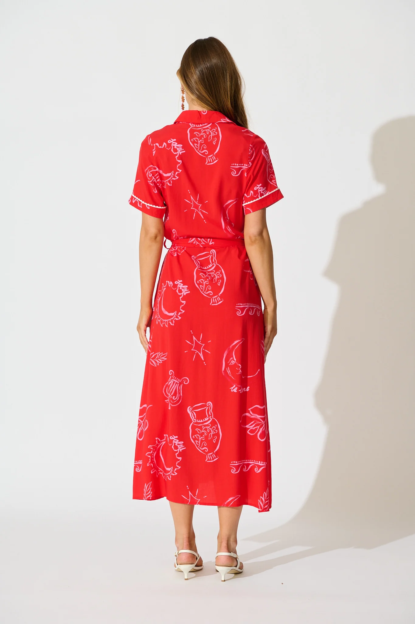 Hope Midi Shirt Dress in Red with Pink Print - Image 4