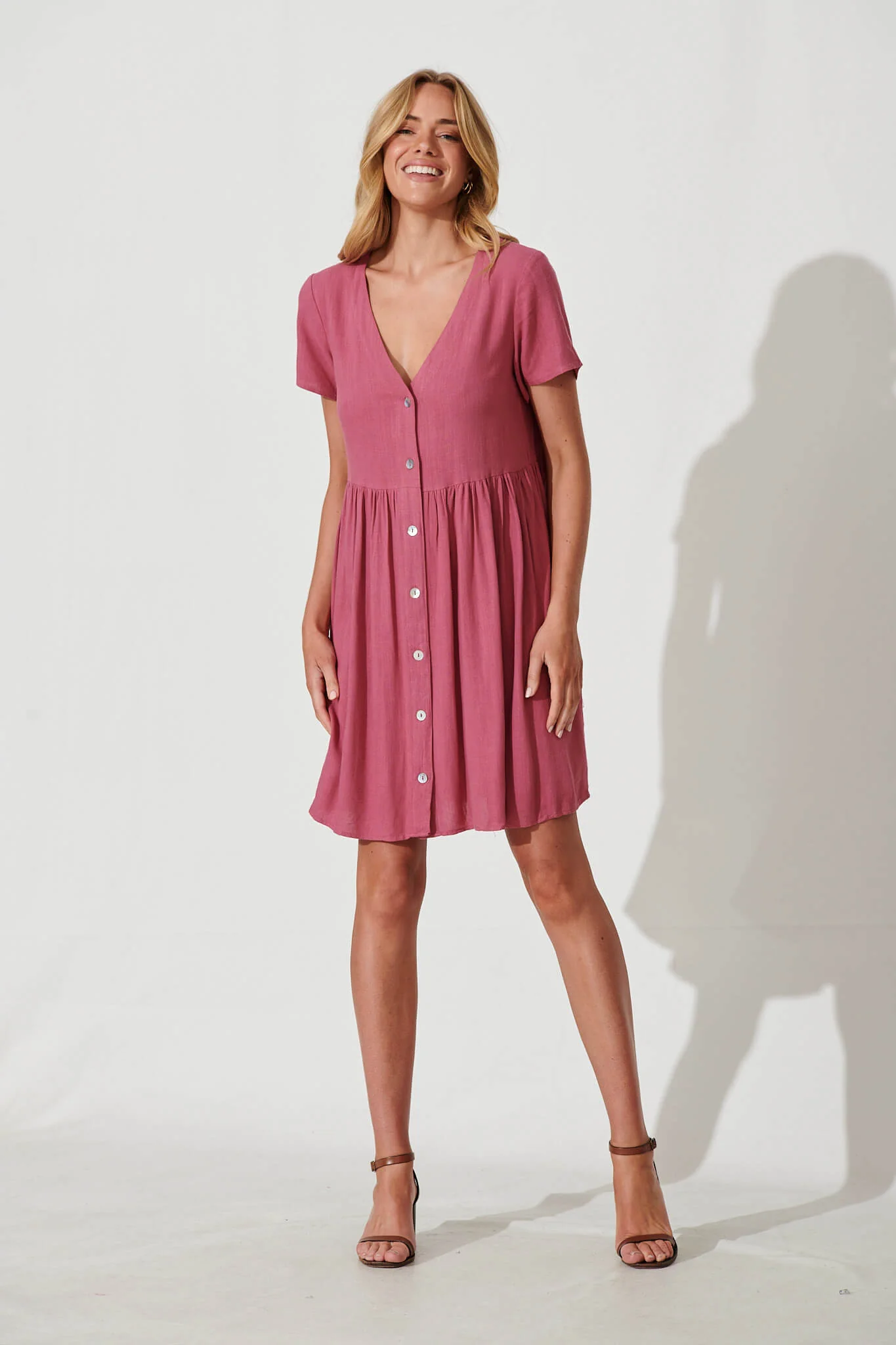 Horizon Smock Dress In Deep Rose Linen Blend - Image 5