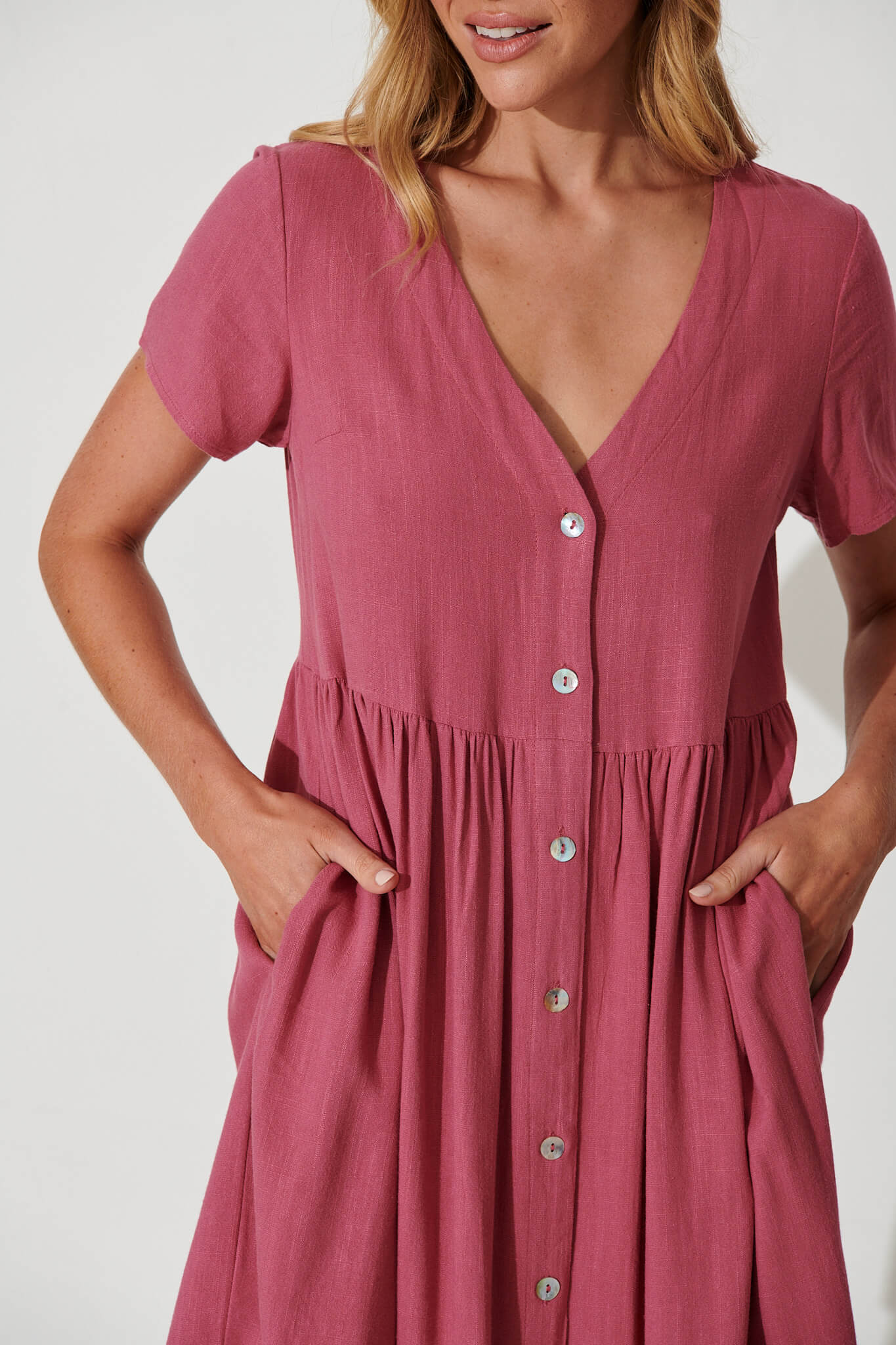 Horizon Smock Dress In Deep Rose Linen Blend - Image 6