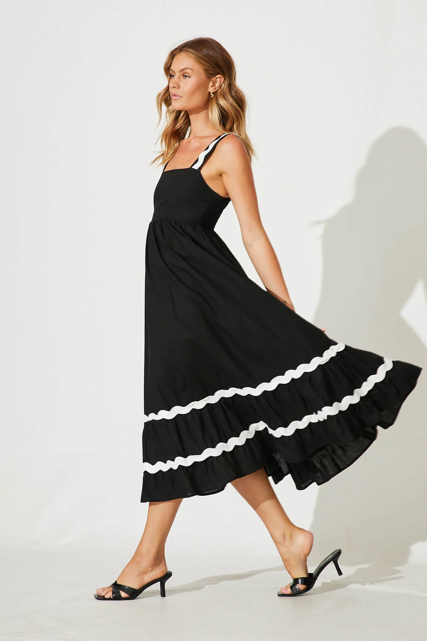 Idol Midi Sundress In Black With White Ric Rac Trim Cotton - Image 3