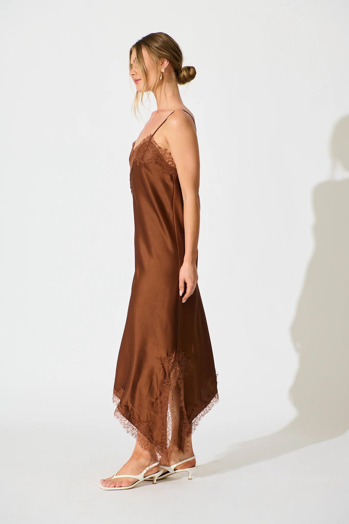 Illusion Midi Dress in Chocolate Satin - Image 3