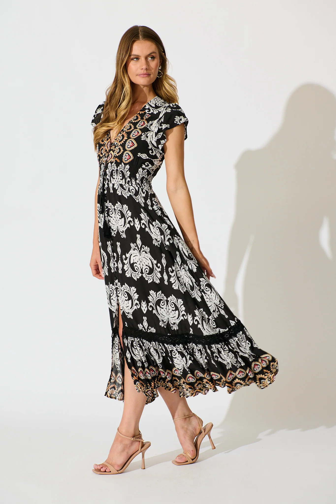 Ilysssa Maxi Dress in Black with White Boho Print - Image 3