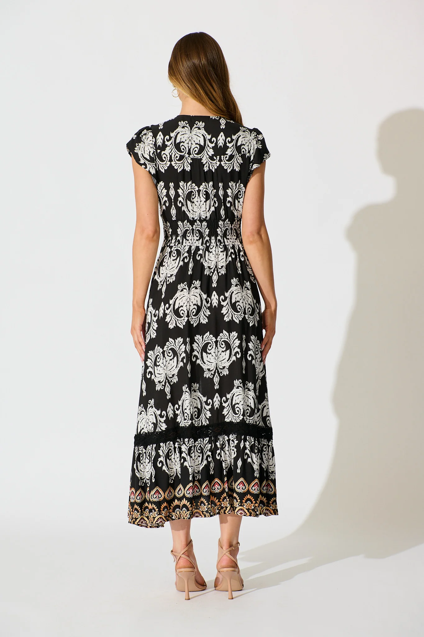 Ilysssa Maxi Dress in Black with White Boho Print - Image 4