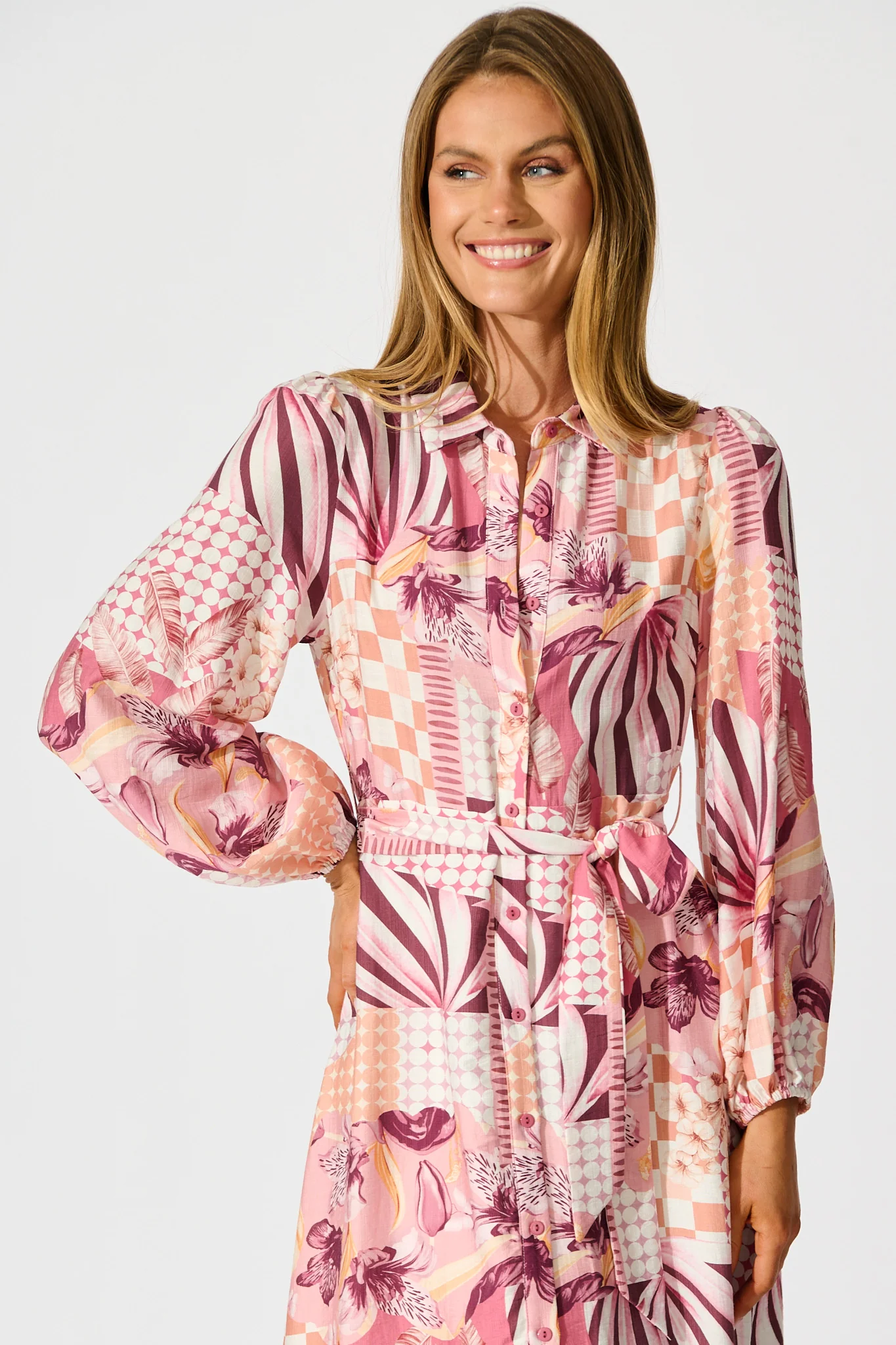 Imagination Midi Shirt Dress in Pink Patchwork Floral - Image 2
