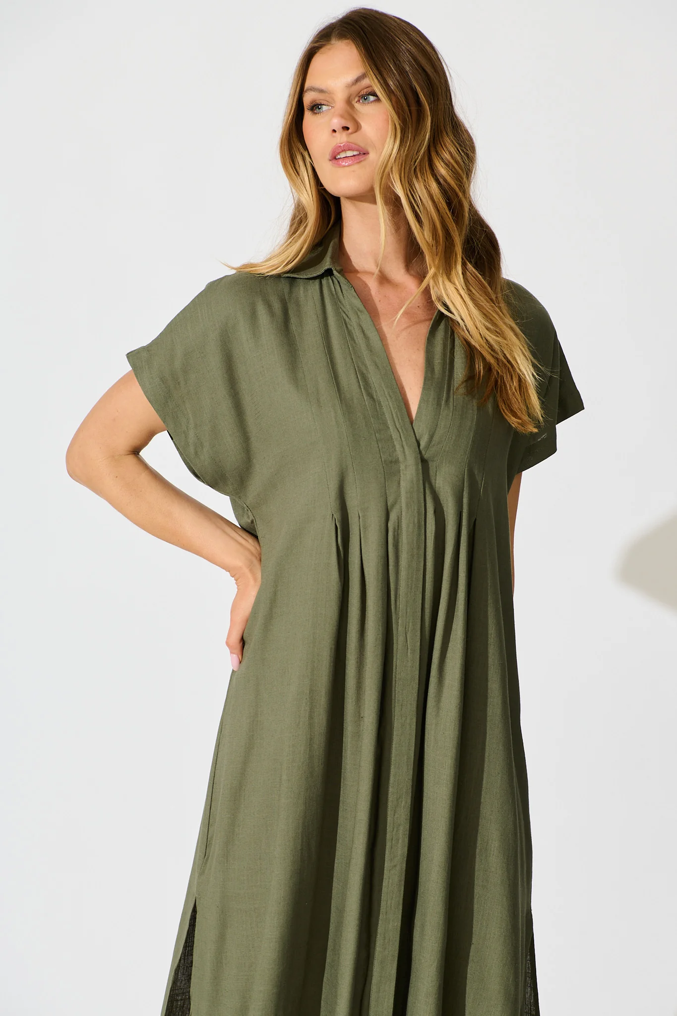 Imari Midi Dress in Khaki Linen Blend - Image 2
