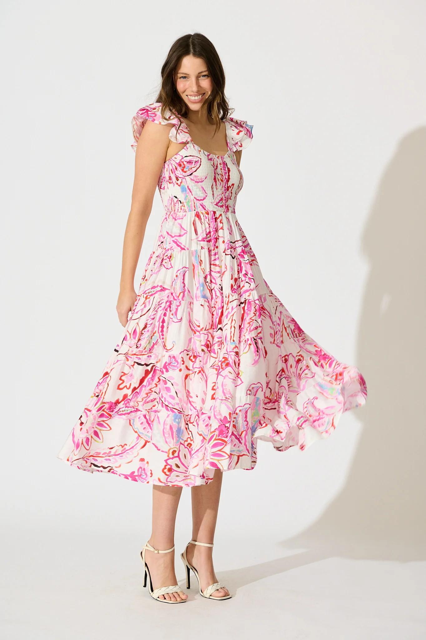 Imee Midi Sundress in White with Pink Abstract Floral