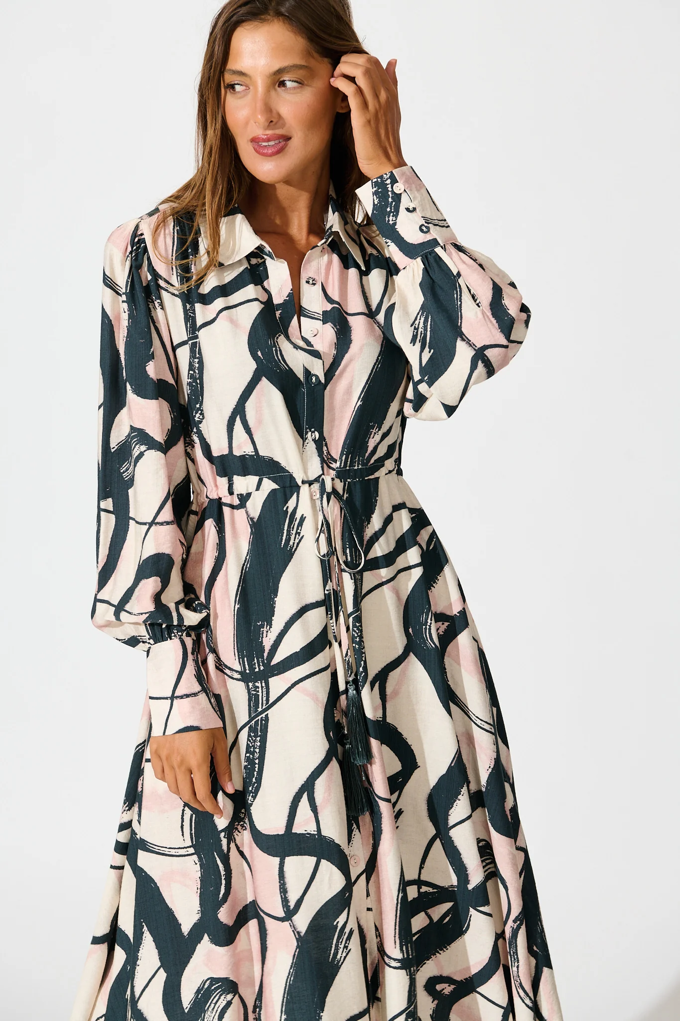 Impulse Midi Shirt Dress in Cream Multi Print - Image 2