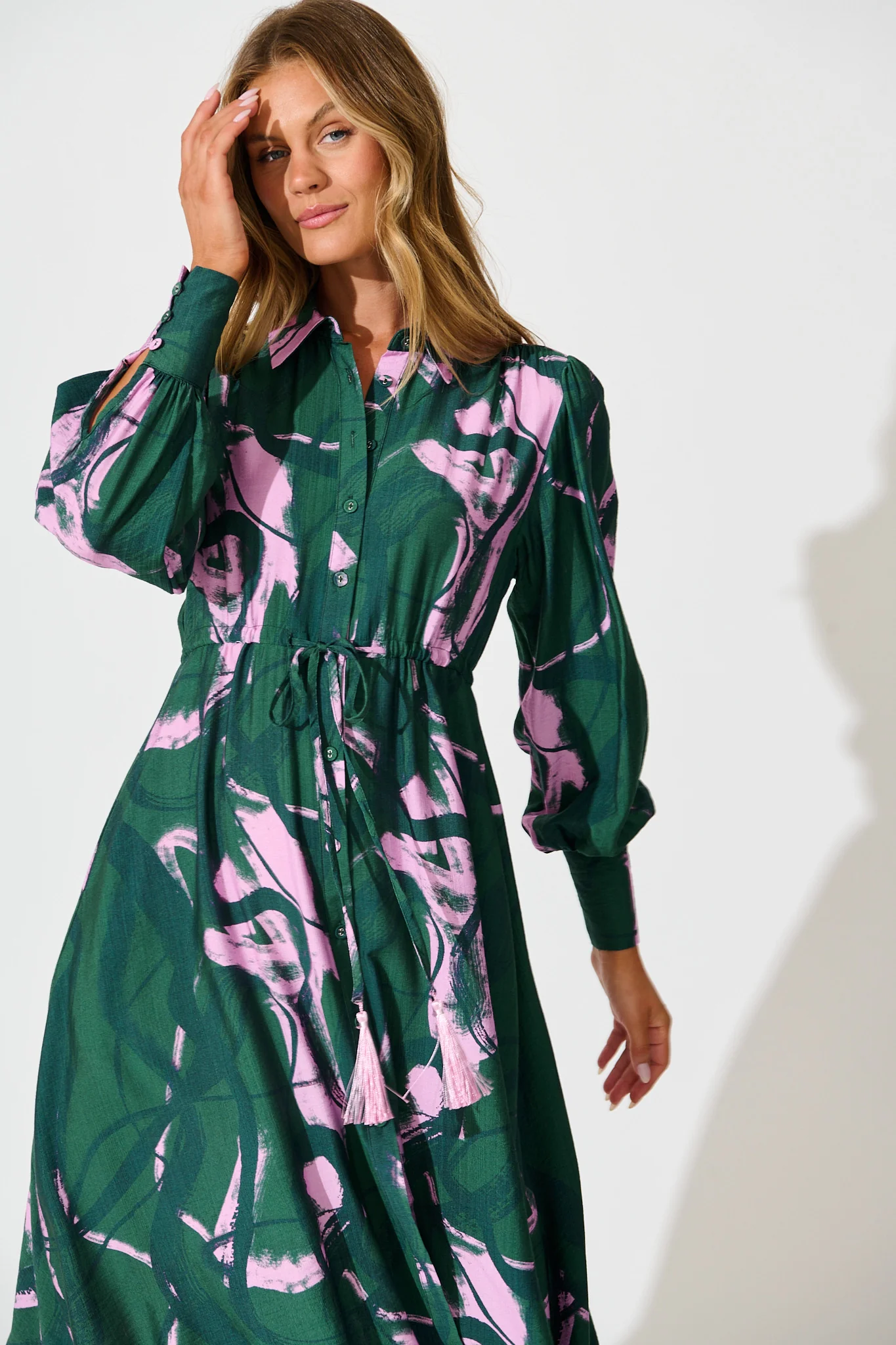 Impulse Midi Shirt Dress in Green Multi Print - Image 2