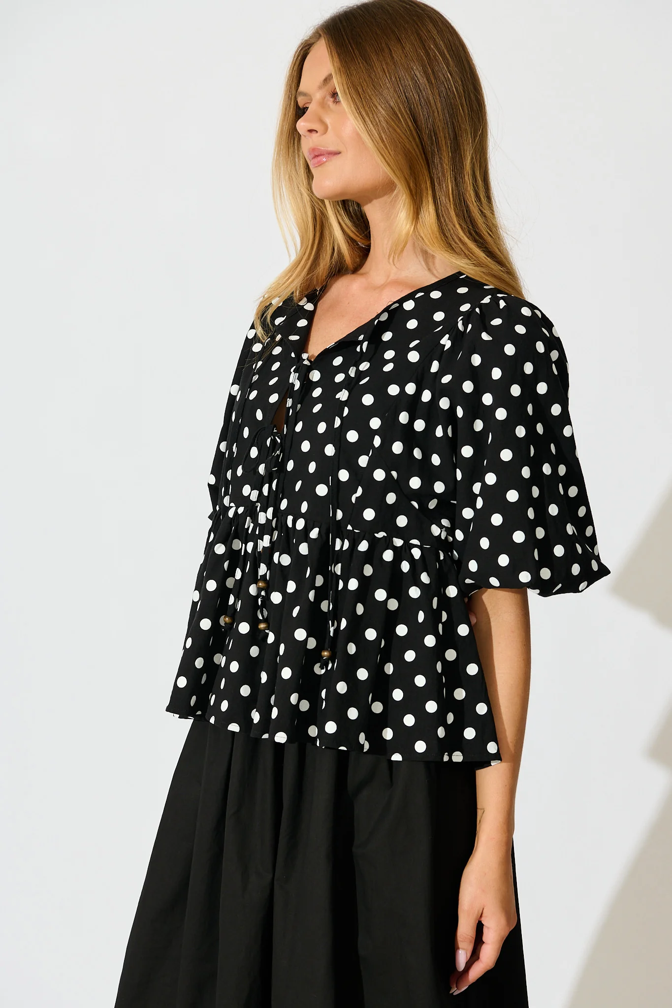 In the Spotlight Tie Front Top in Black with White Polka Dot - Image 2