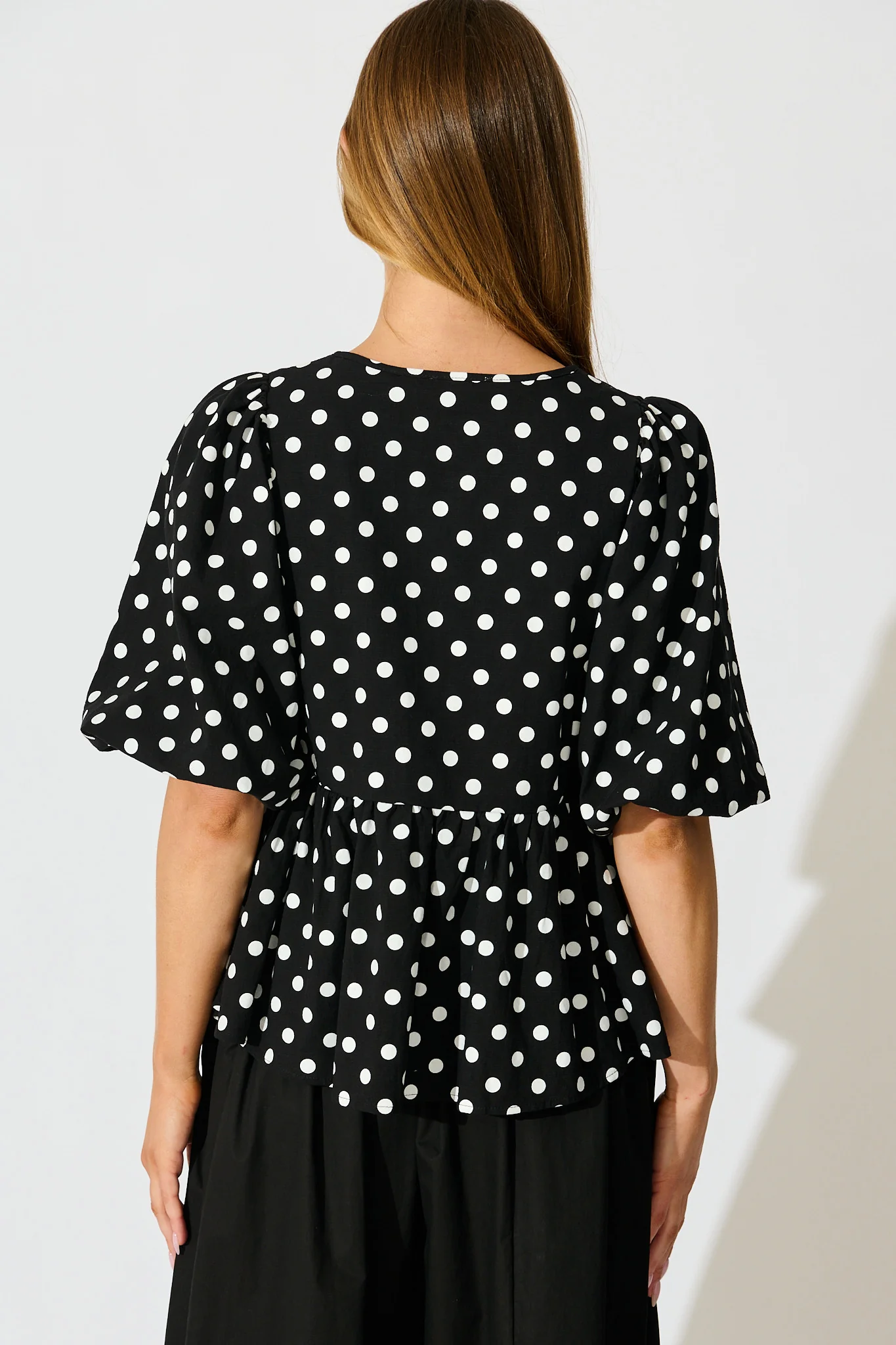 In the Spotlight Tie Front Top in Black with White Polka Dot - Image 3