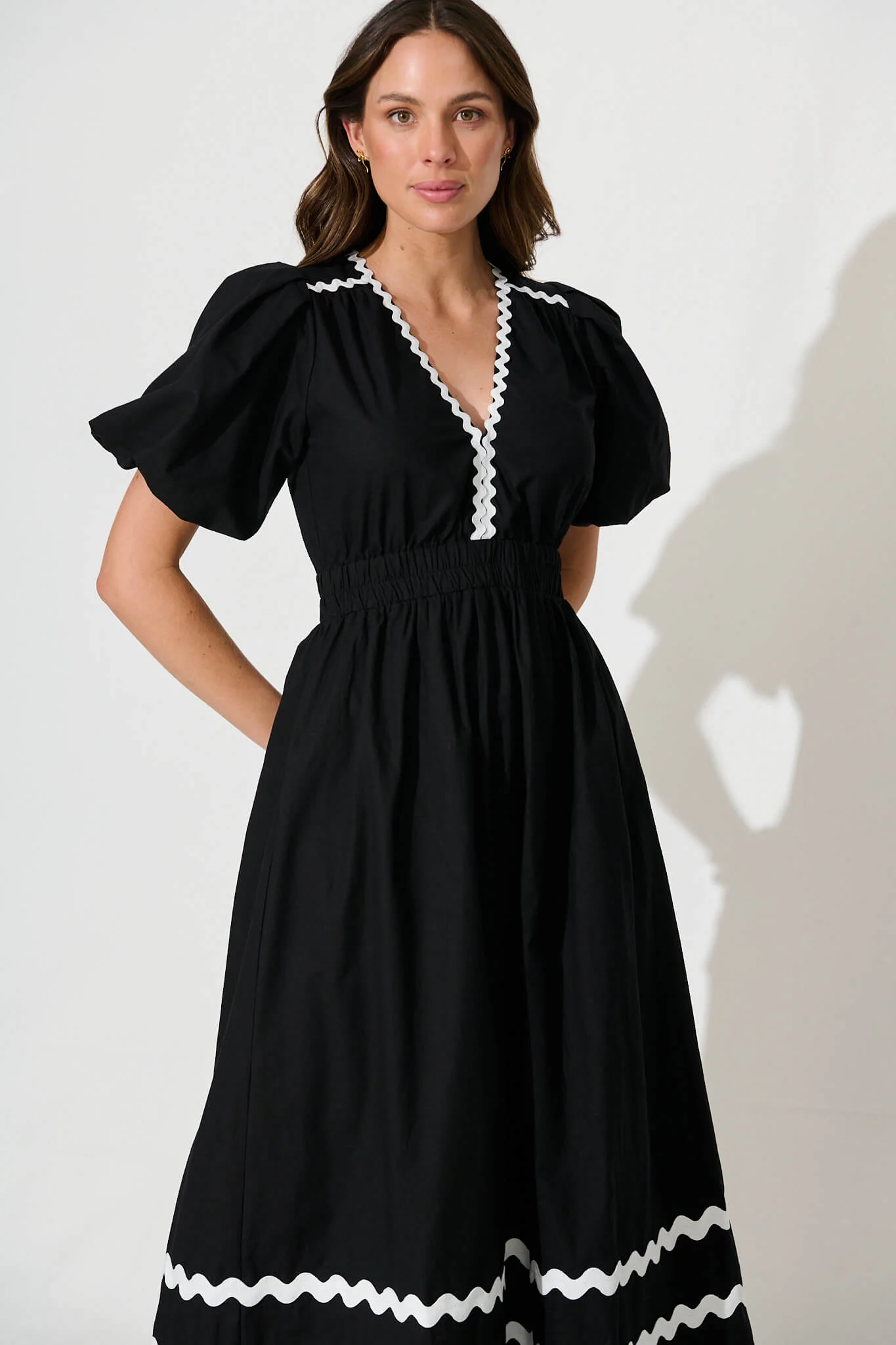 Indi Maxi Dress In Black With White Ric Rac Trim Cotton - Image 2