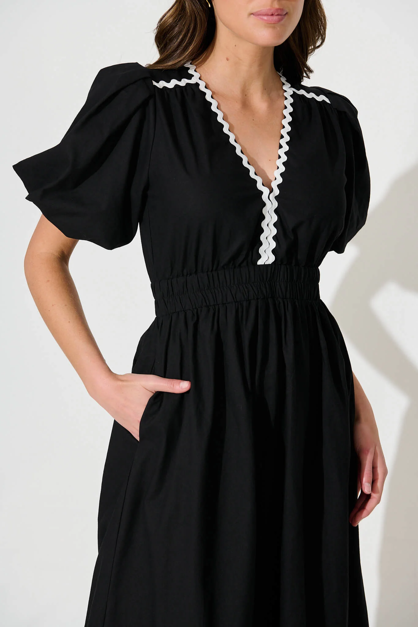 Indi Maxi Dress In Black With White Ric Rac Trim Cotton - Image 5